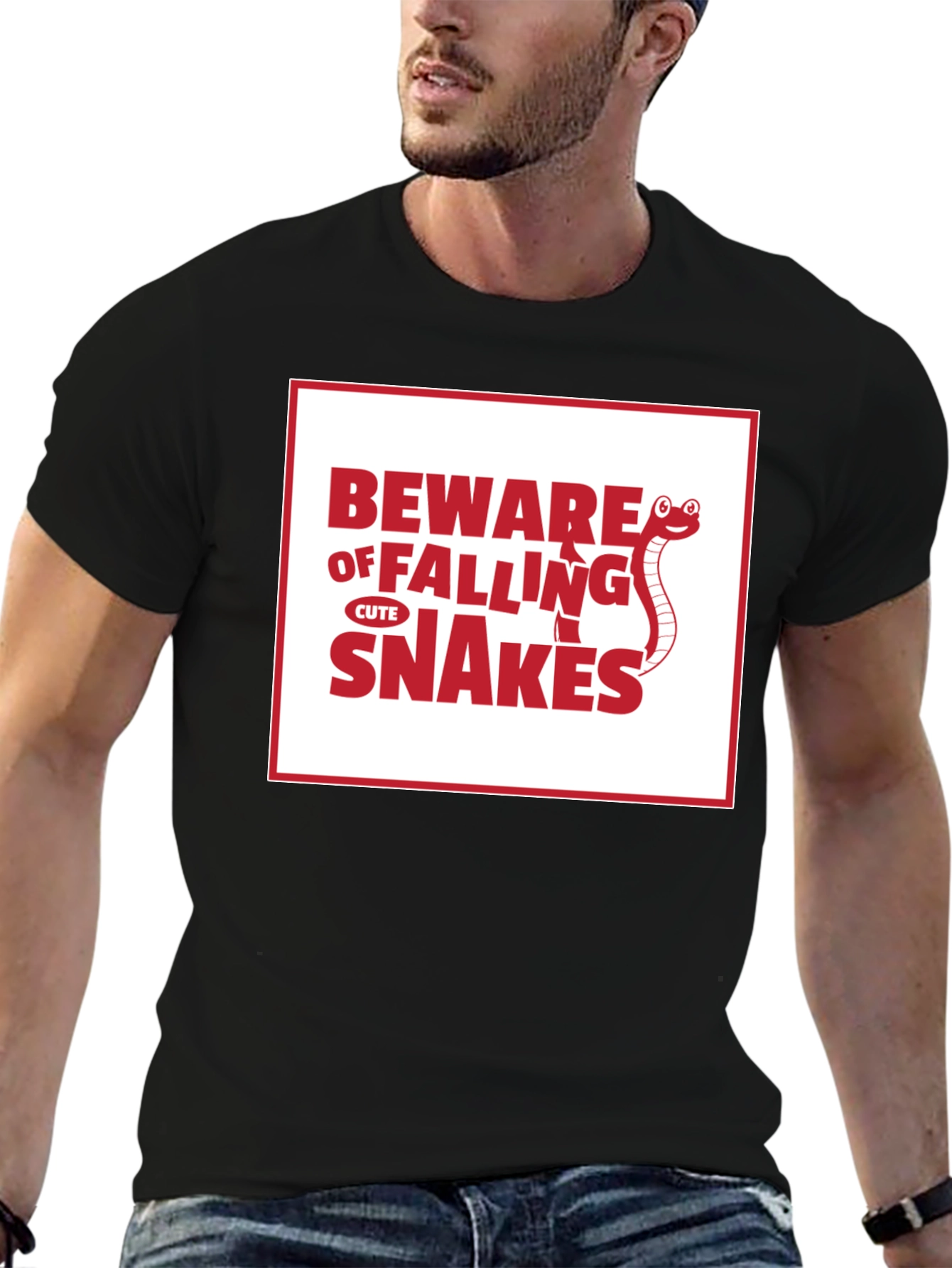 Black Beware of Falling Cute Snakes Graphic T-Shirt view 6