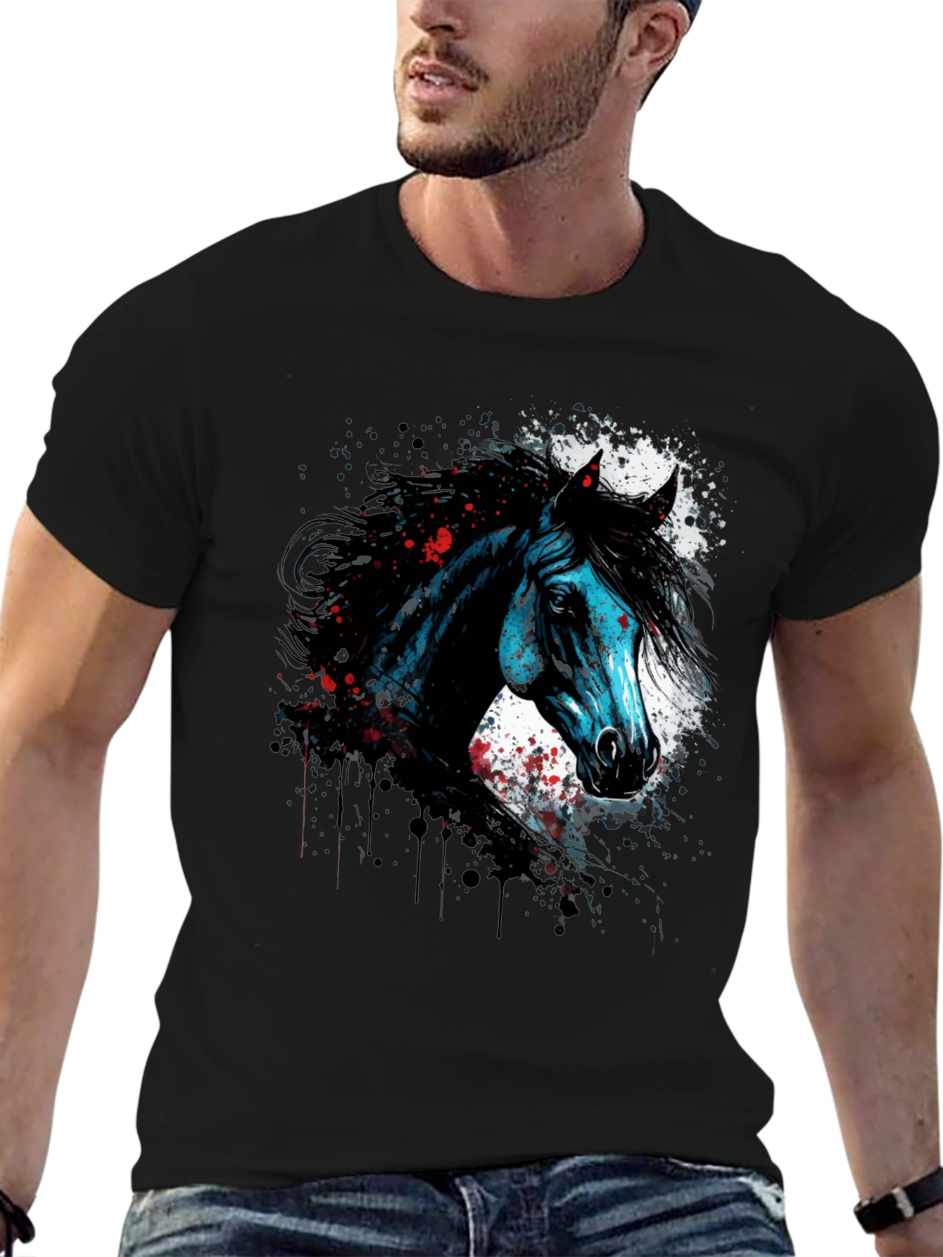 Black Horse Graphic Print T-Shirt, Men's Black Tee view 6