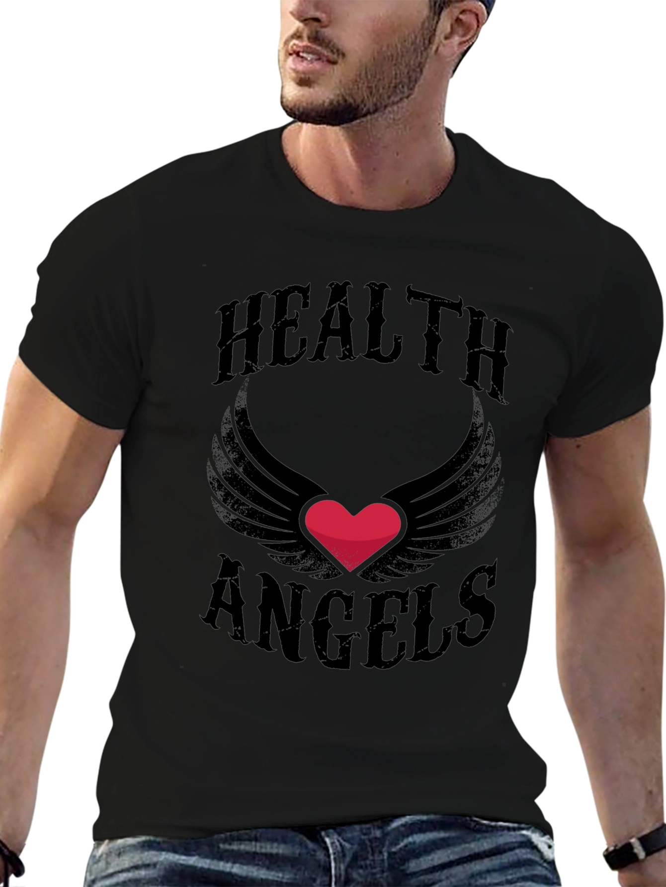Black Health Angels T-Shirt - Graphic Heart Wings Tee view 6