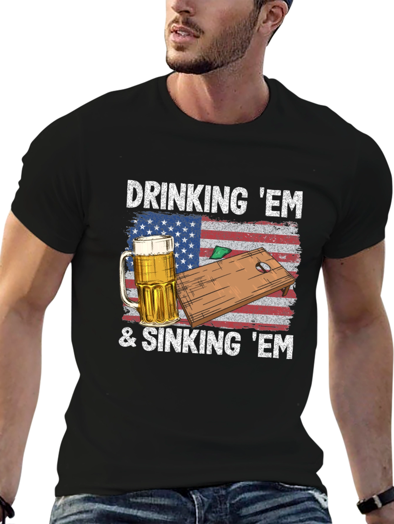 Black Drinking & Sinking 'Em Cornhole T-Shirt view 6