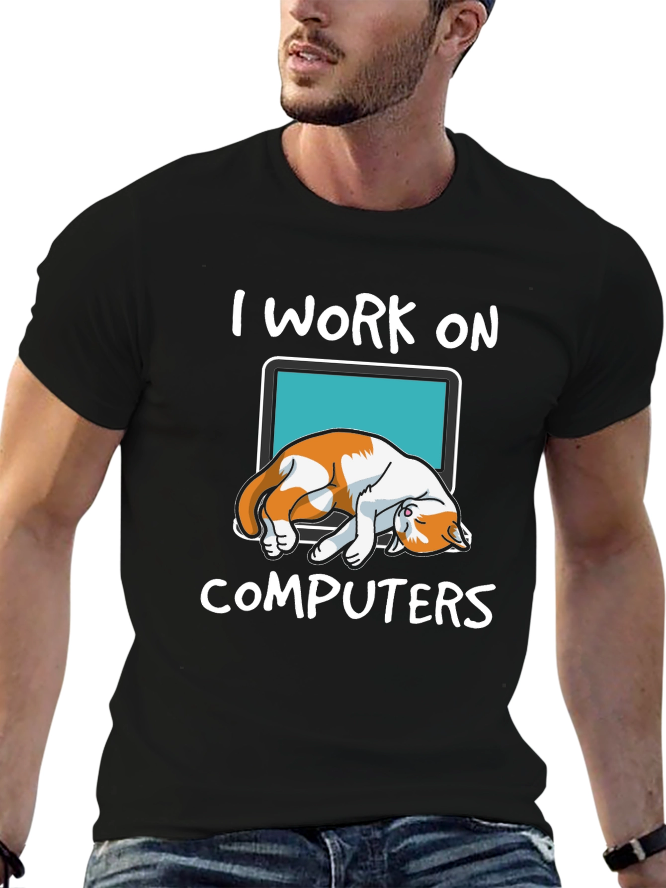 Black I Work On Computers Cat Graphic T-Shirt view 6