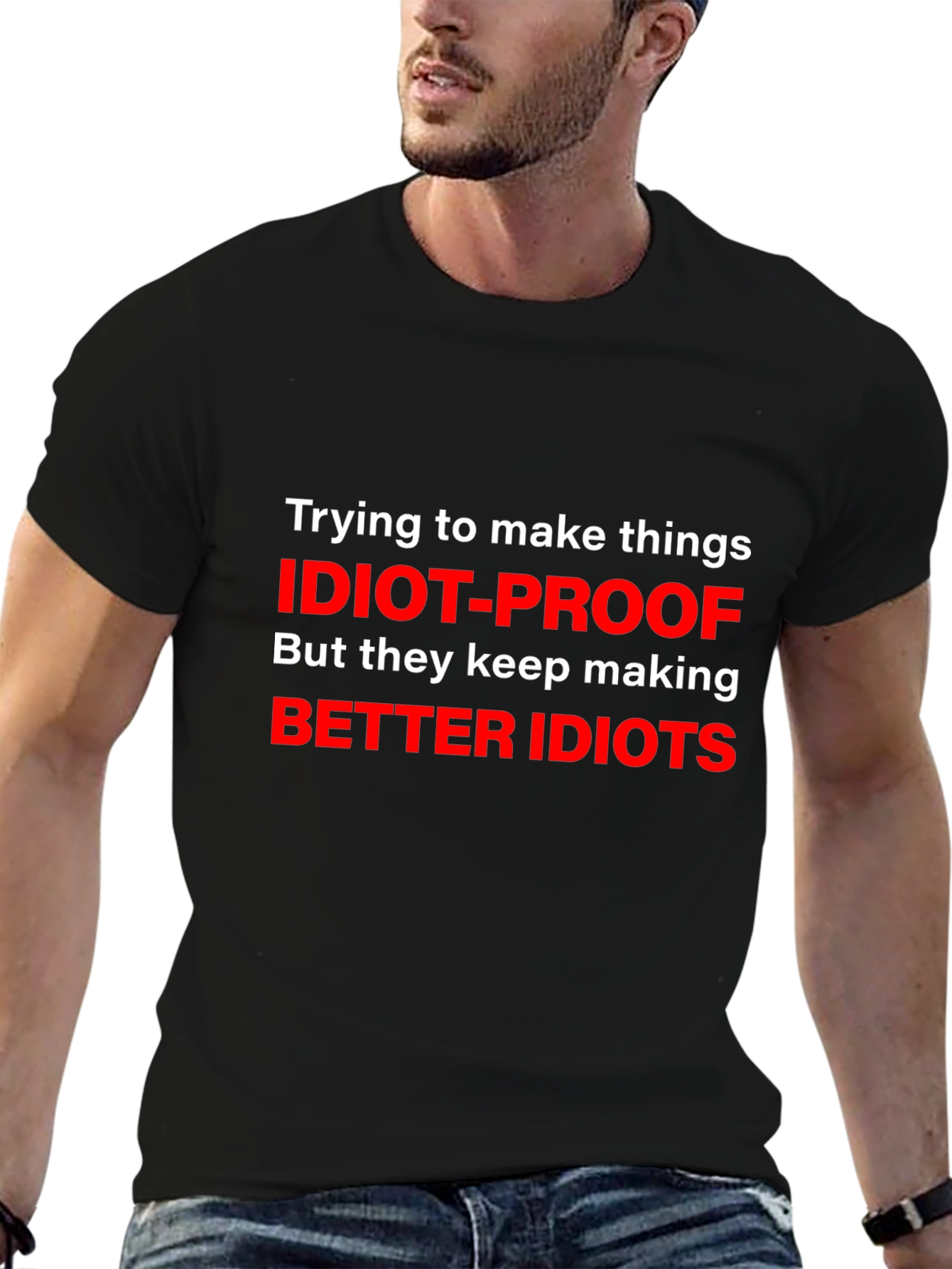 Black Idiot-Proof Funny Graphic T-Shirt view 6