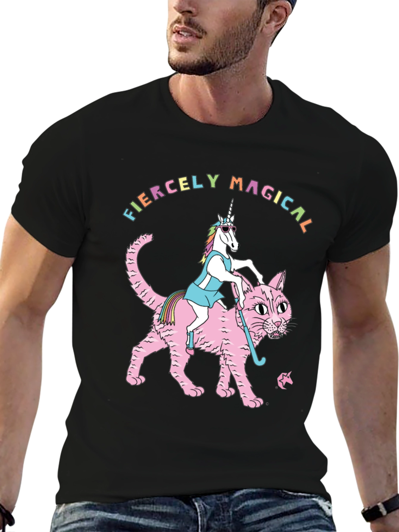 Black Fiercely Magical Unicorn Riding Cat Graphic Tee view 6