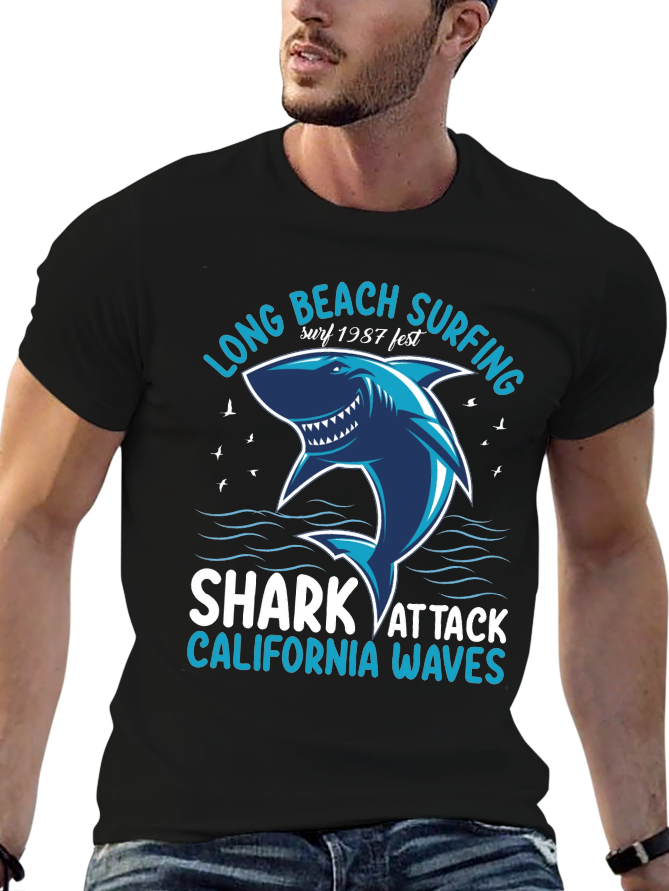 Black Long Beach Surfing Shark Graphic Tee view 6