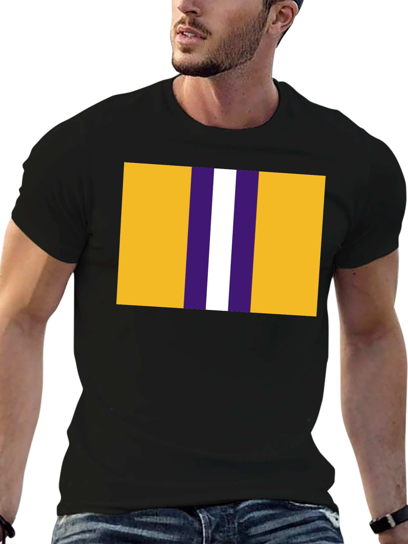 Black Striped Graphic T-Shirt - Gold, Purple, and White Design view 6