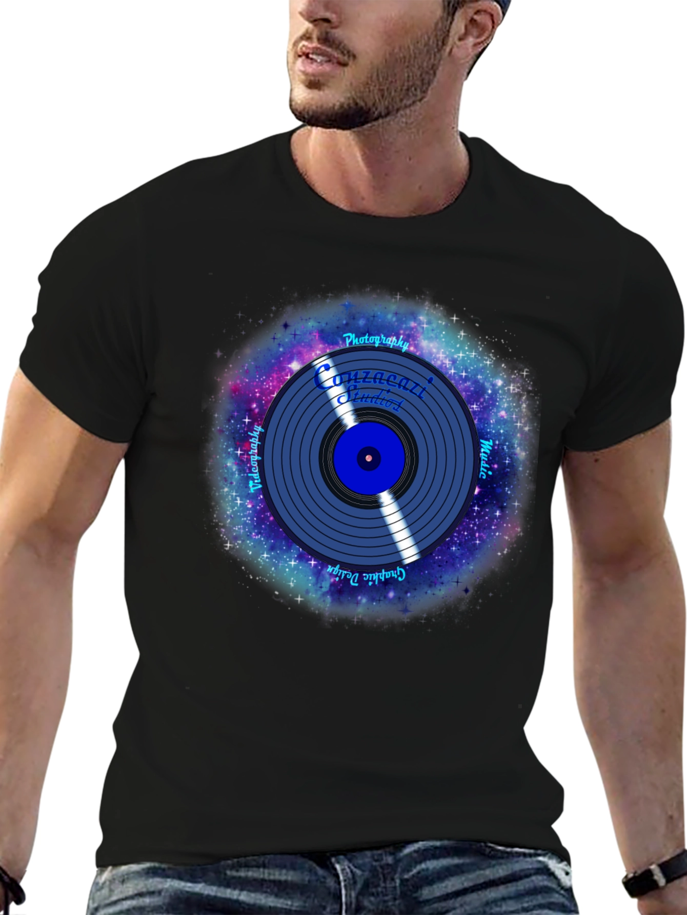 Black Galaxy Vinyl Record Graphic T-Shirt view 6