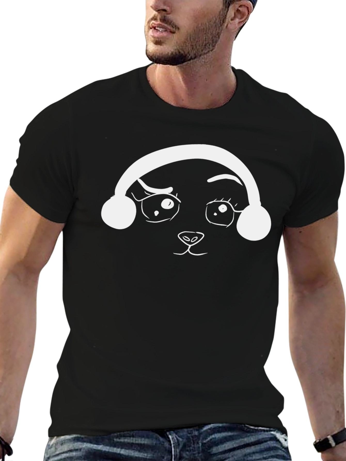 Black Cute Animal with Headphones Graphic T-Shirt view 6