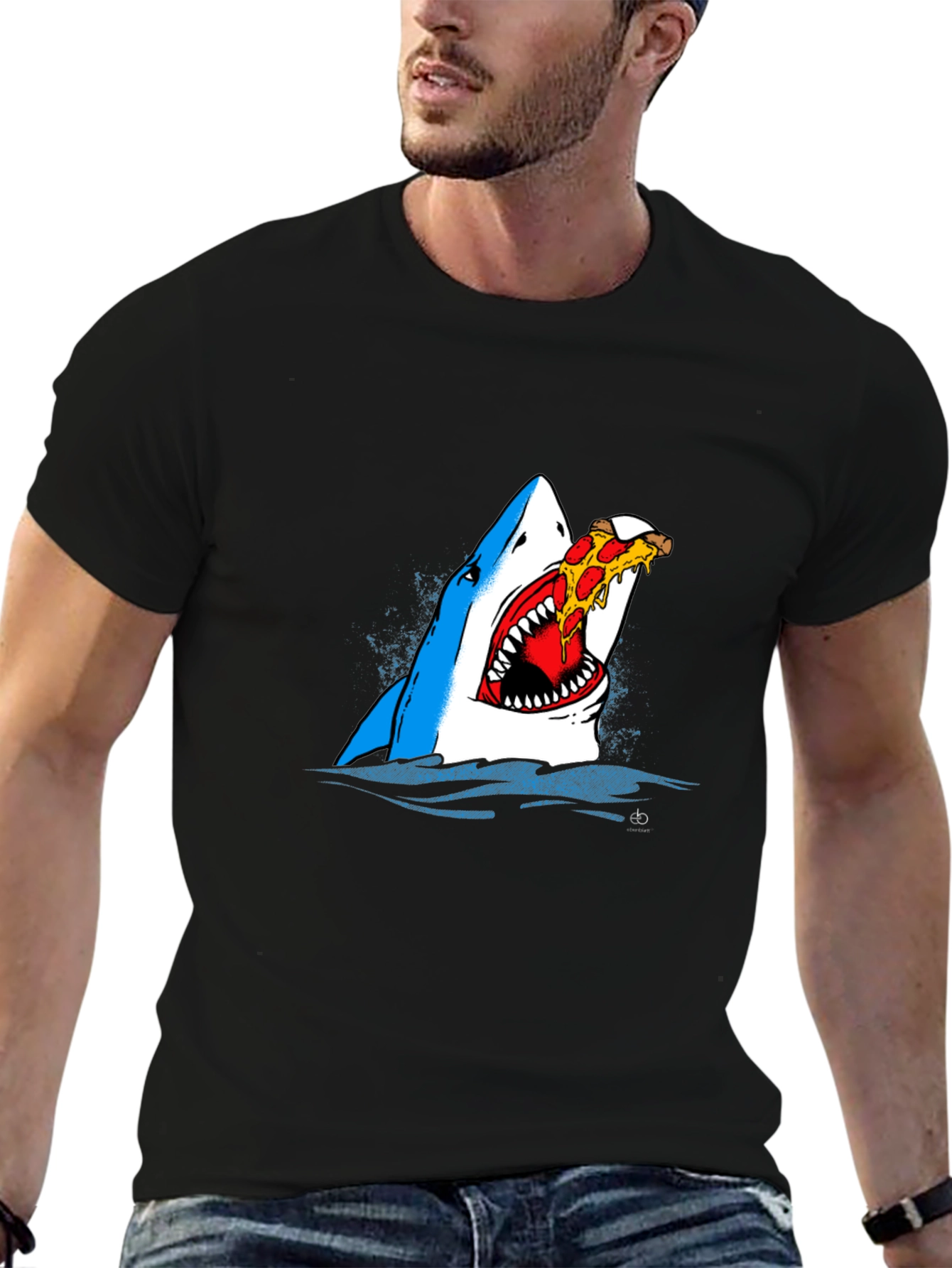 Black Shark Eating Pizza Graphic Tee - Novelty T-Shirt view 6