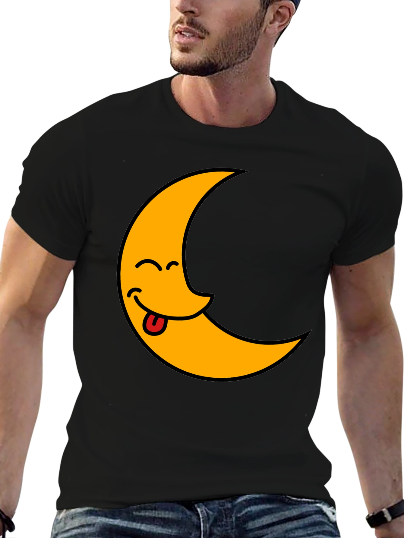 Black Funny Crescent Moon Tongue T-Shirt view 6