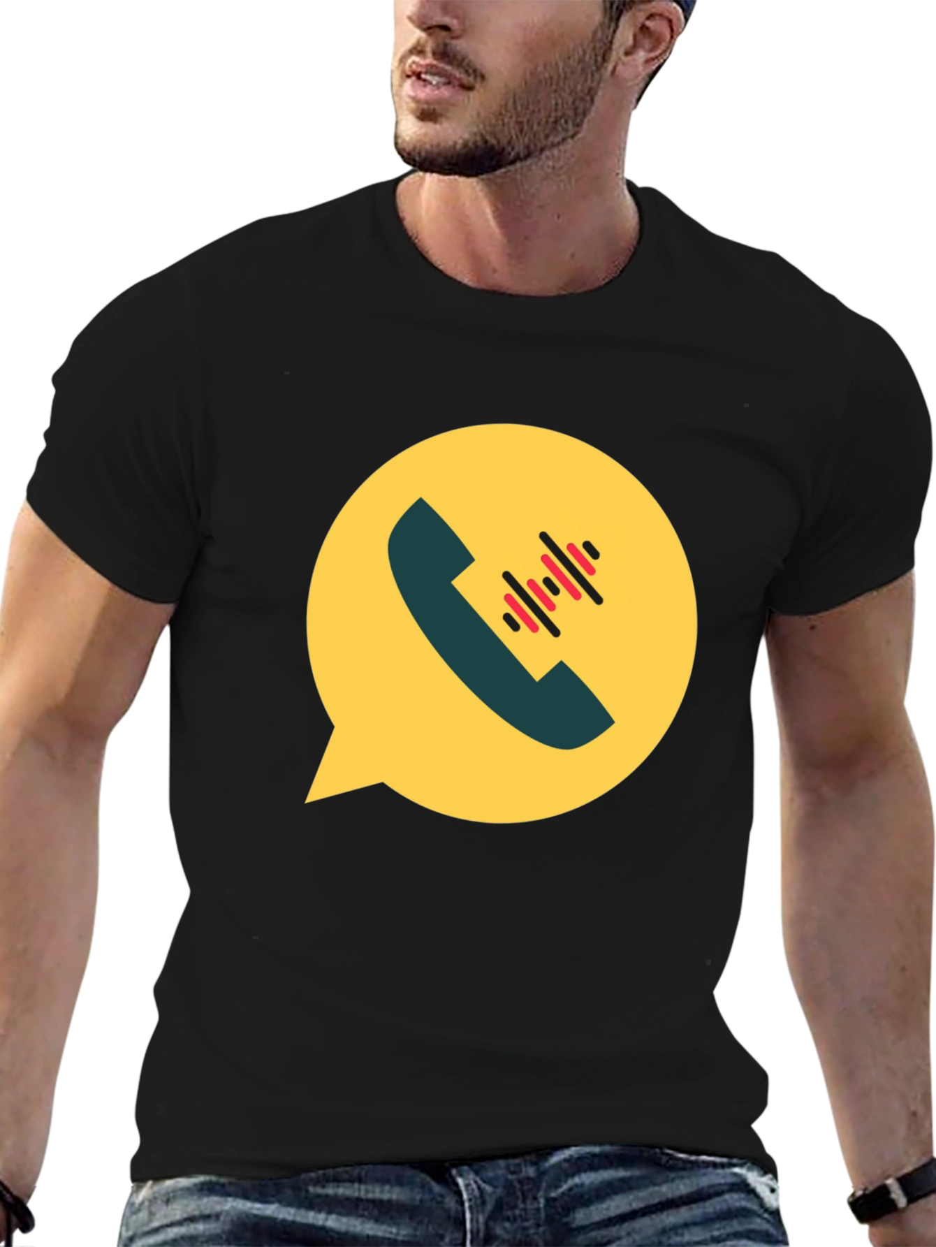 Black Modern Black T-Shirt with Phone Call Graphic view 6