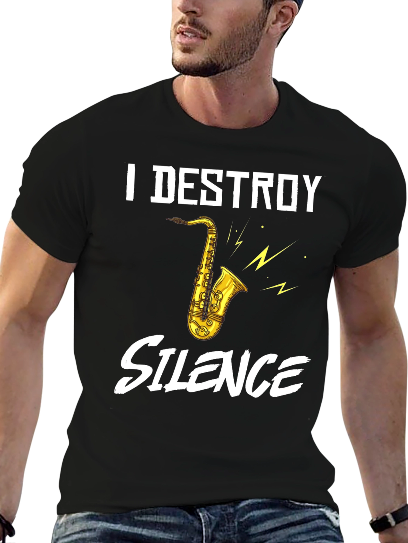 Black I Destroy Silence Saxophone Graphic T-Shirt view 6