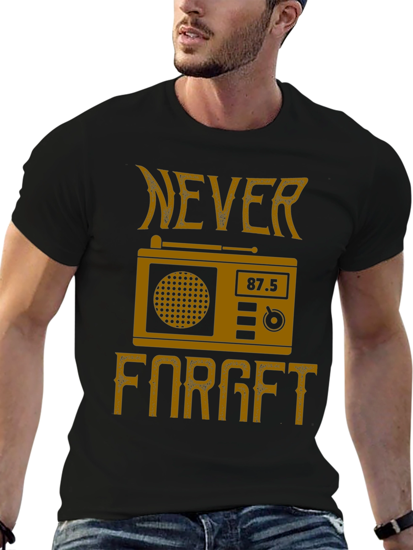 Black Retro Radio 'Never Forget' Graphic T-Shirt view 6