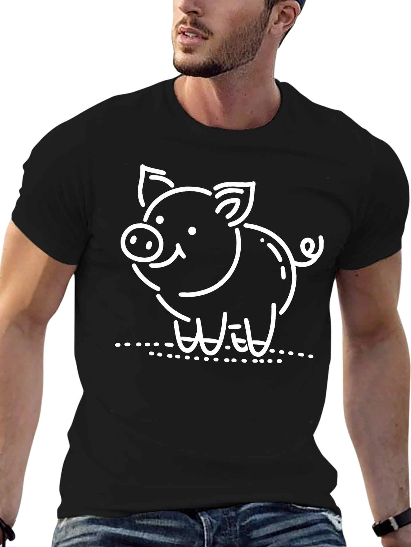Black Cute Pig Graphic Black T-Shirt view 6