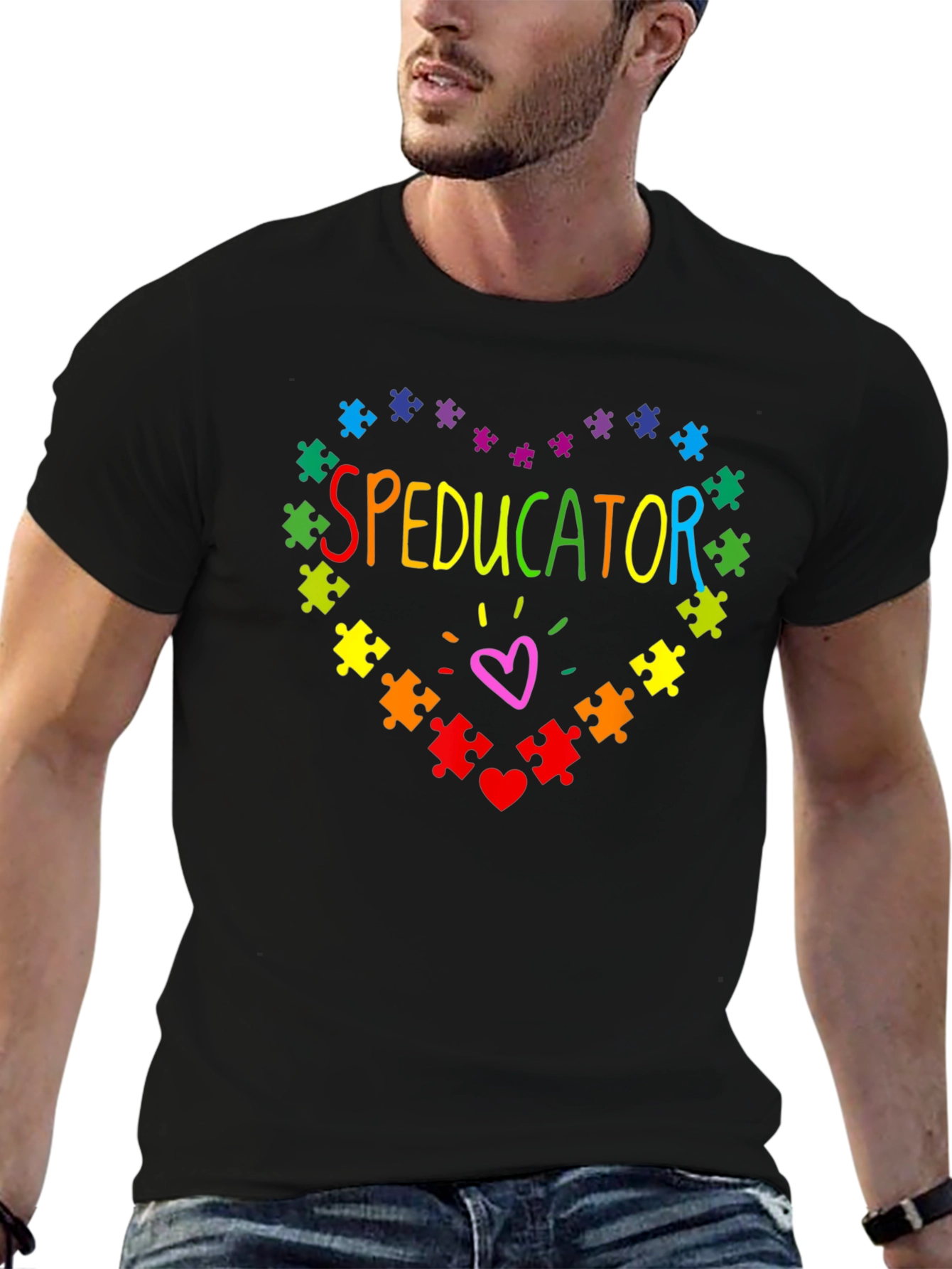 Black Speducator Autism Awareness Puzzle Heart T-Shirt view 6