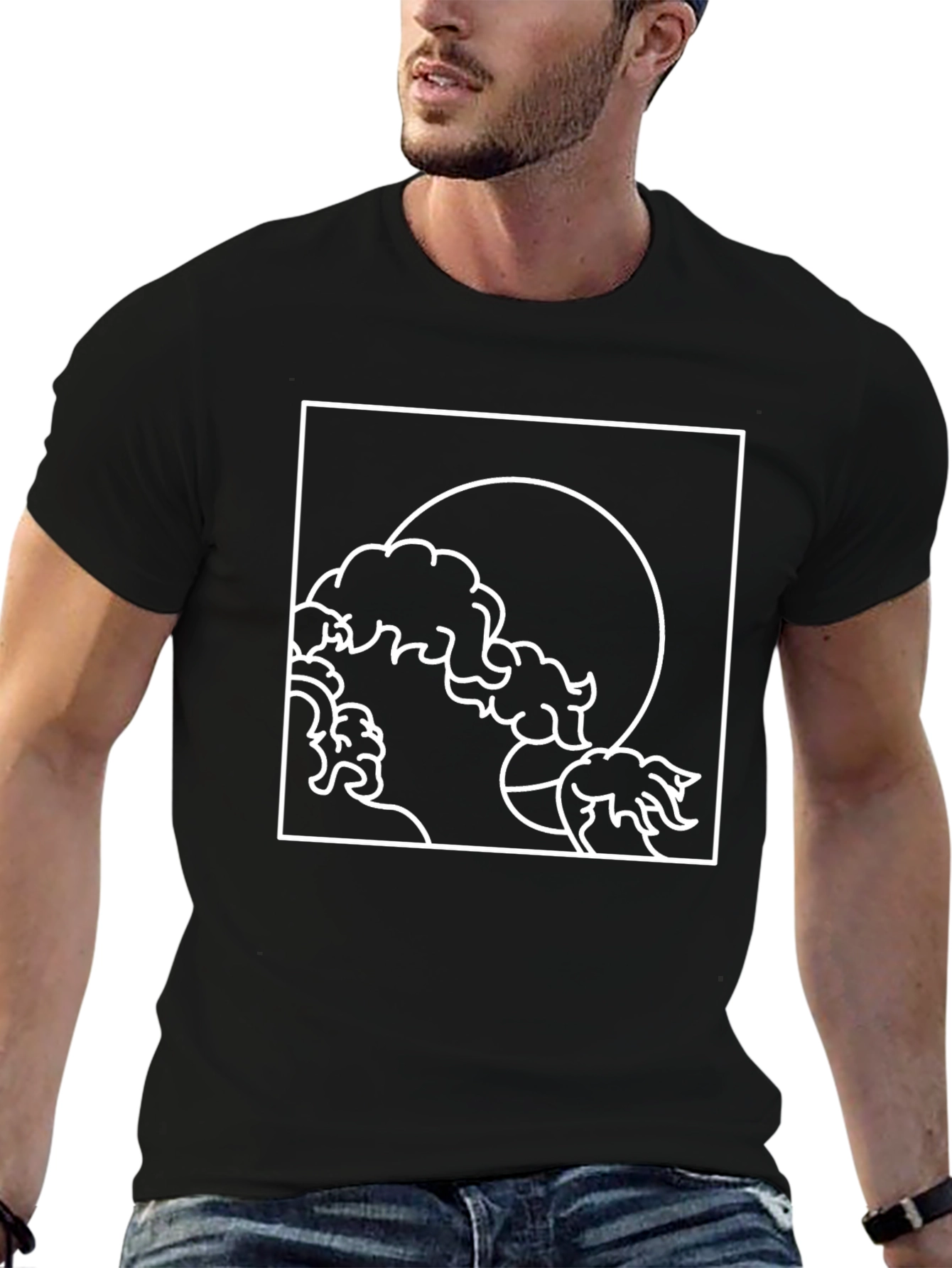 Black Minimalist Wave and Moon Graphic Tee view 6