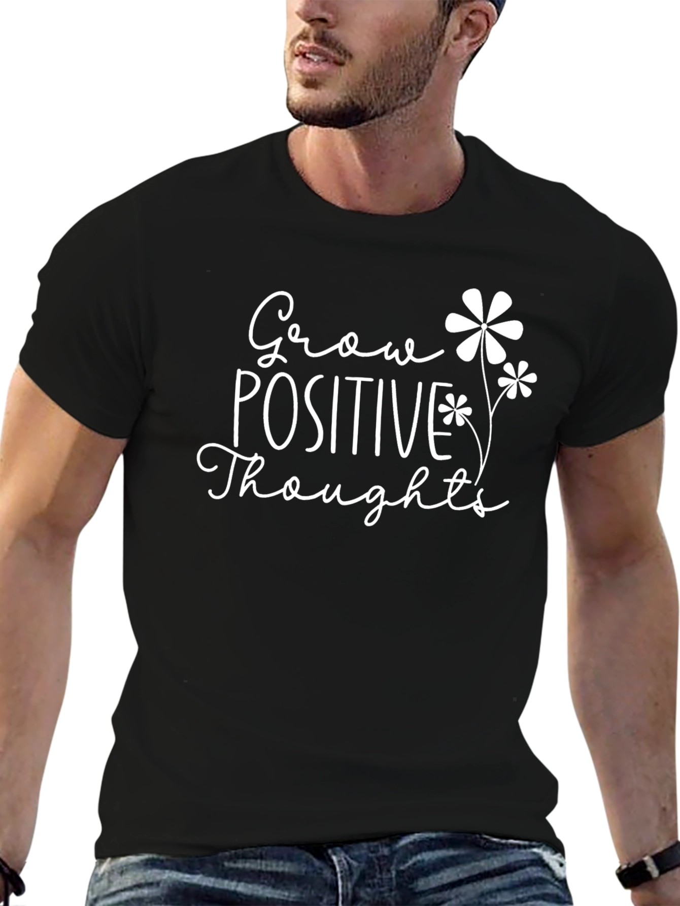 Black Grow Positive Thoughts Graphic Tee - Black Cotton T-Shirt view 6