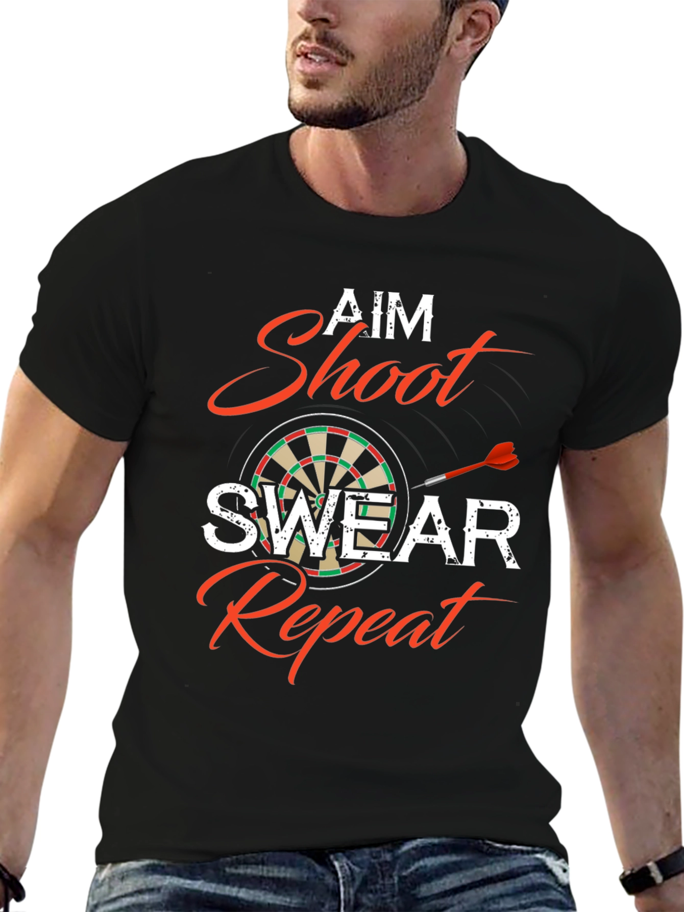 Black Aim Shoot Swear Repeat Dart T-Shirt view 6