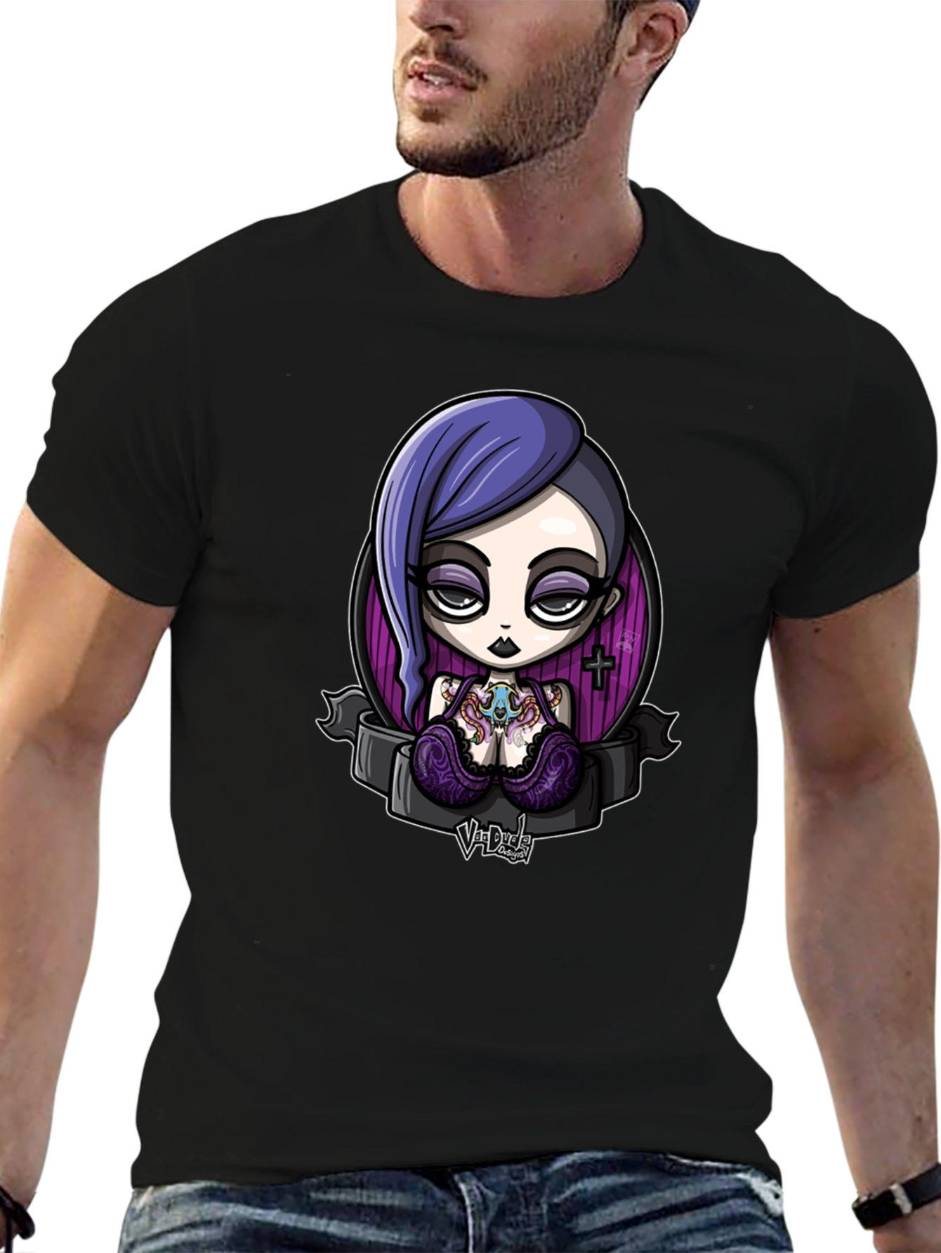 Black Gothic Cartoon Girl Graphic Black T-Shirt view 6