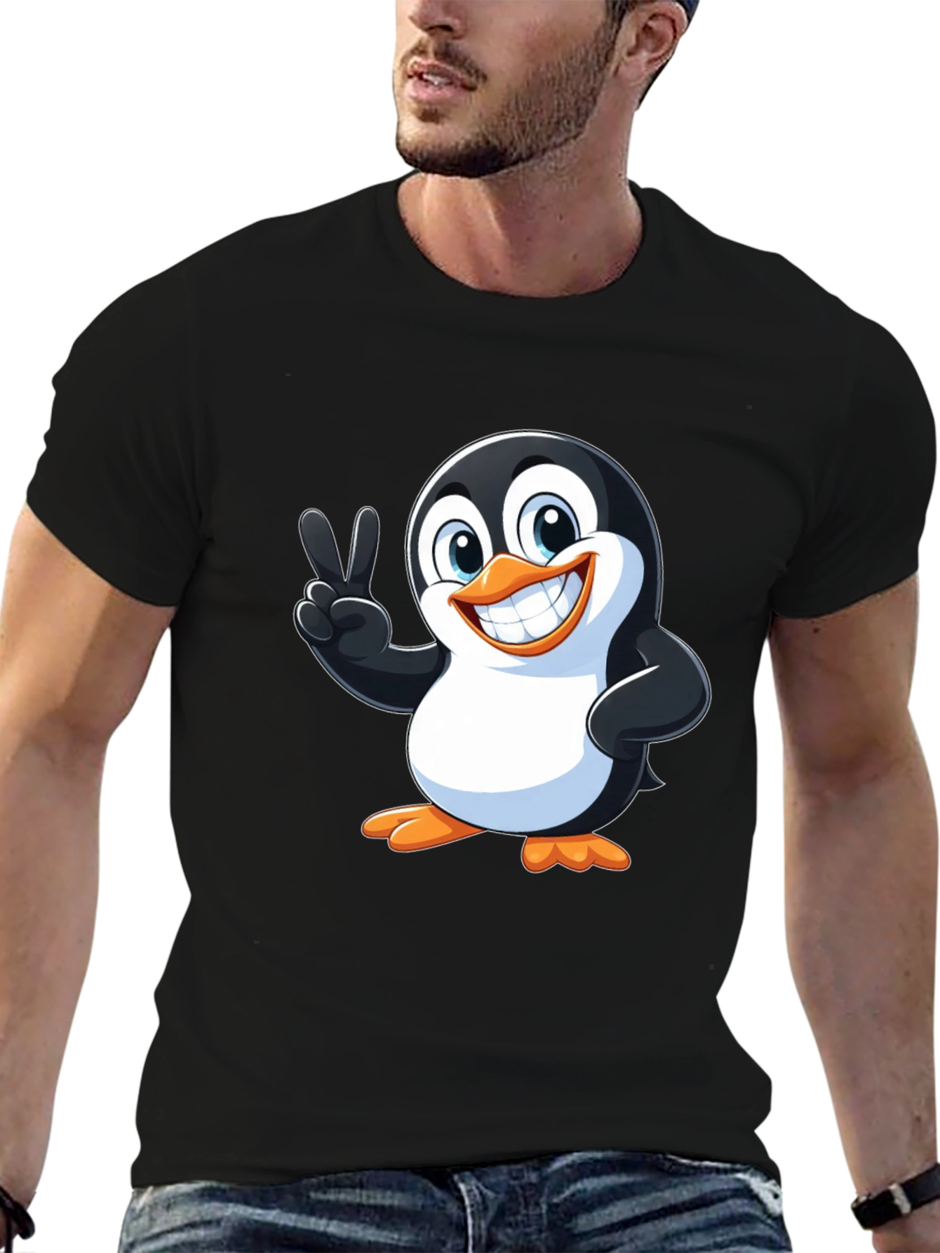 Black Cute Penguin Peace Sign Graphic T-Shirt view 6