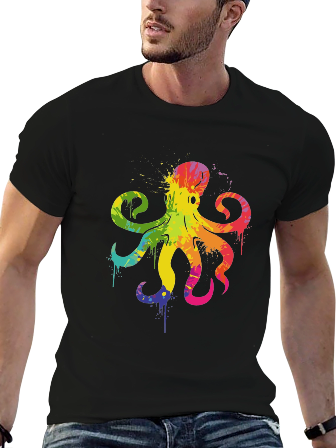 Black Rainbow Octopus Graphic T-Shirt - Men's Black Tee view 6