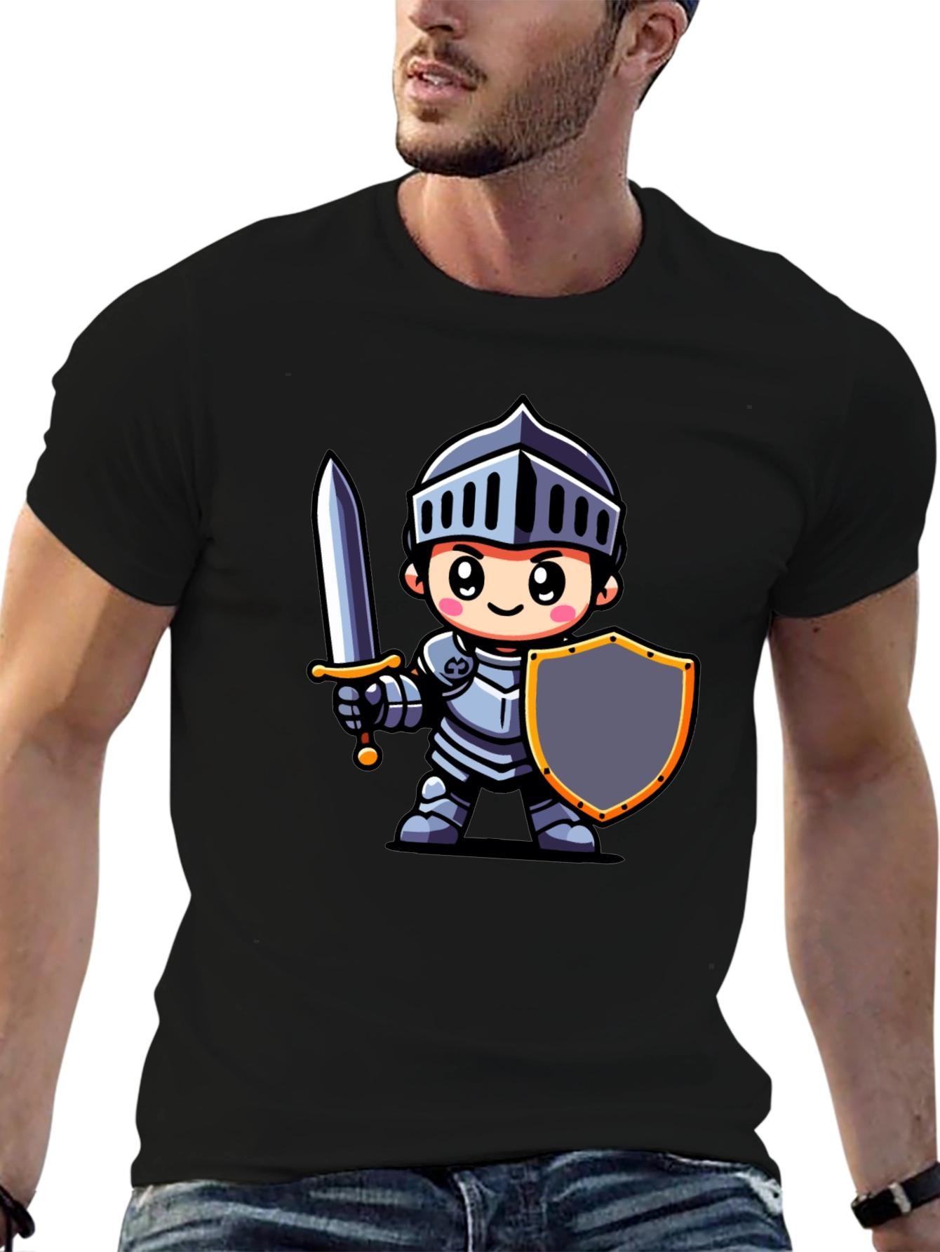 Black Cartoon Knight Graphic Tee - Black Cotton T-Shirt view 6