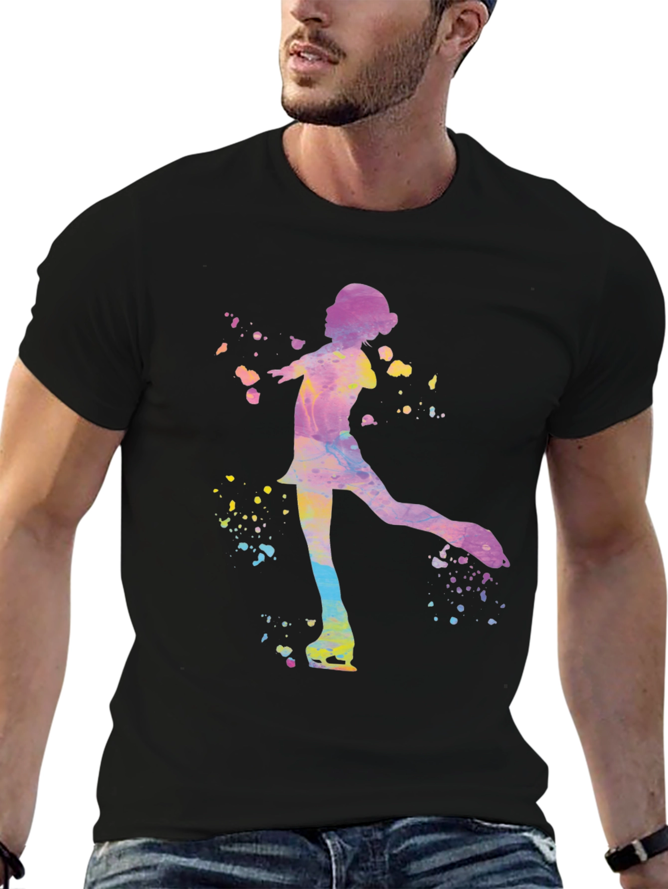 Black Watercolor Ice Skater Graphic Tee - Black Unisex T-Shirt view 6
