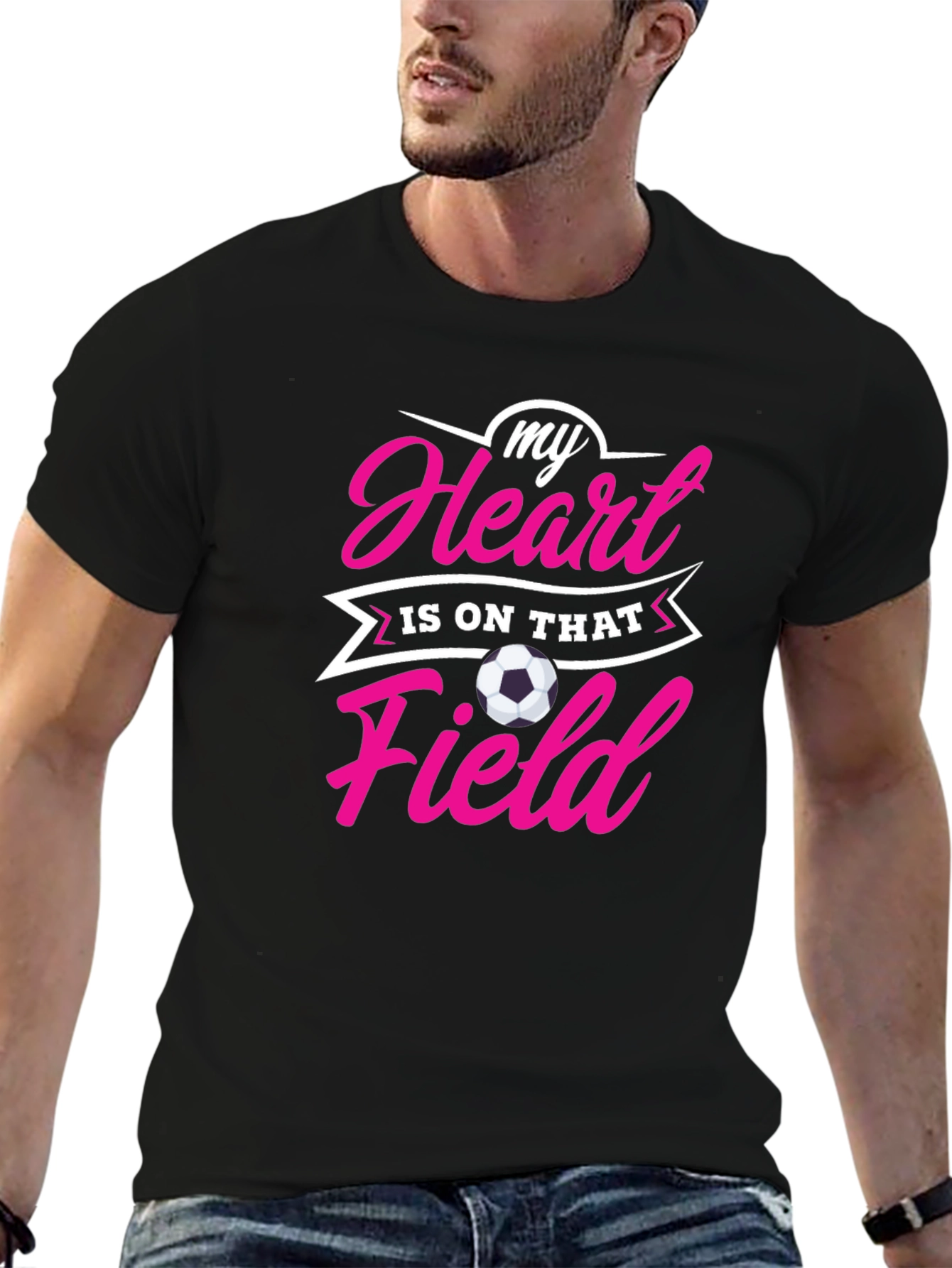 Black Soccer Mom/Dad Heart on Field Black T-Shirt view 6