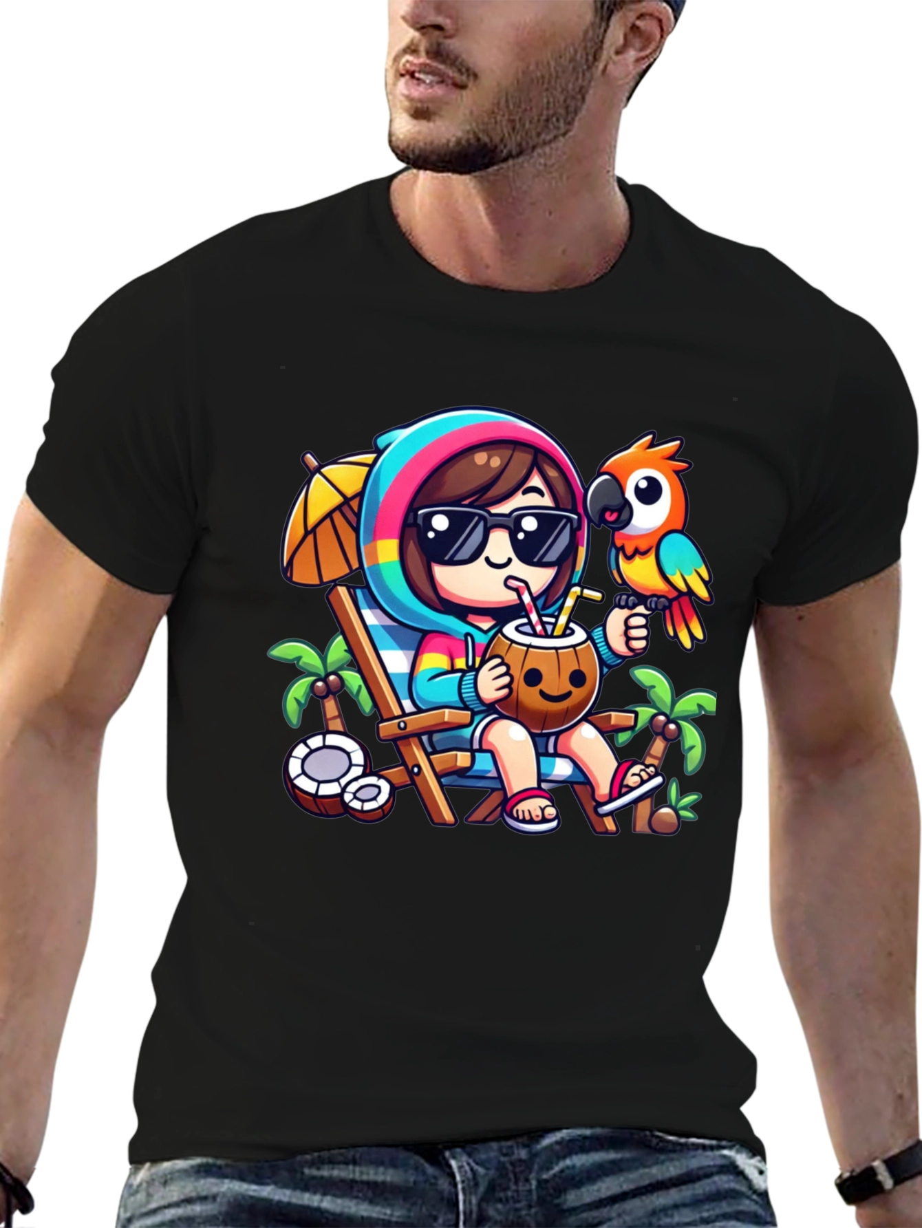 Black Tropical Vibes T-Shirt: Relaxing Beach Cartoon Tee view 6