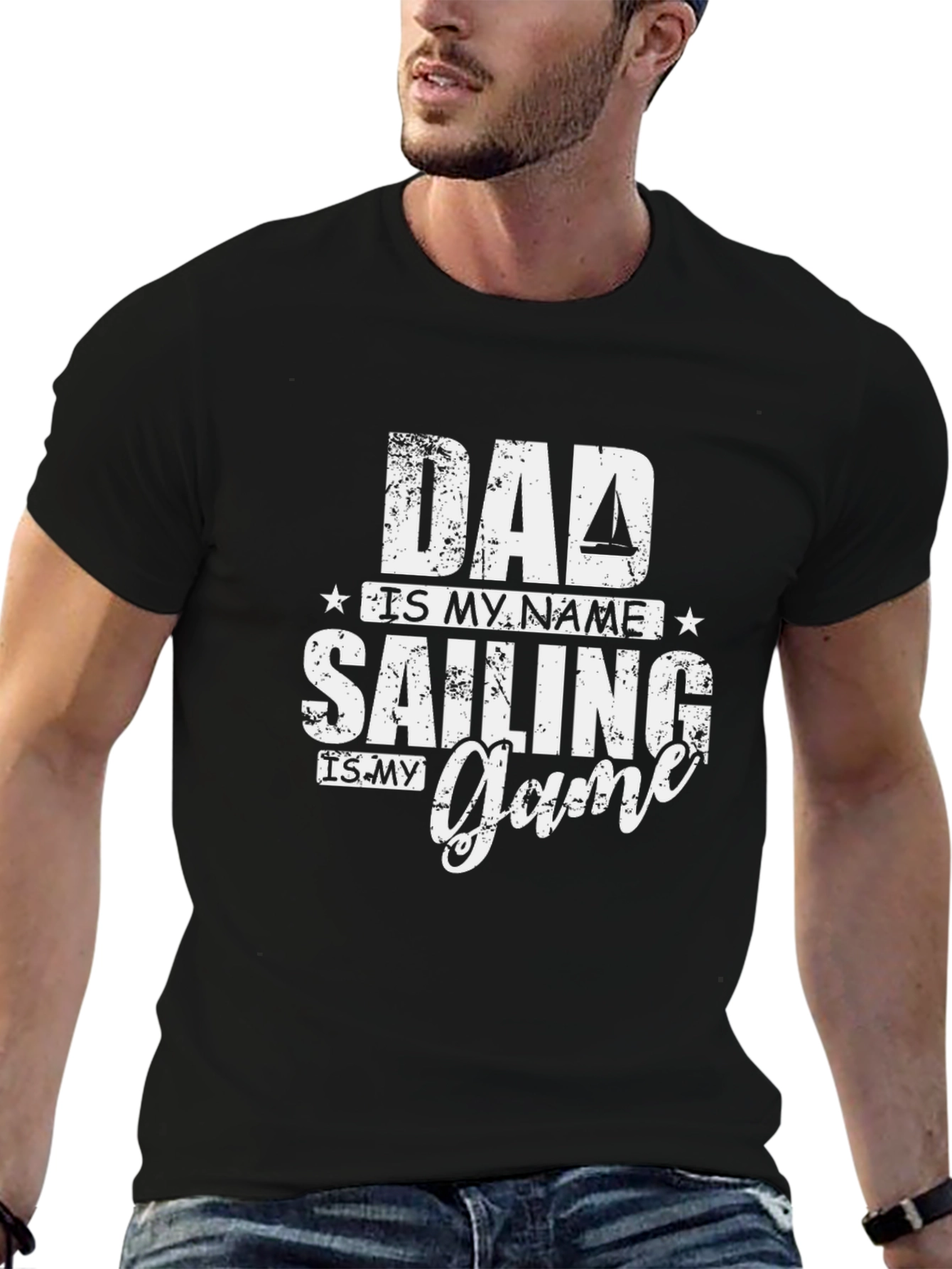Black Dad Sailing Game T-Shirt - Black Crew Neck view 6