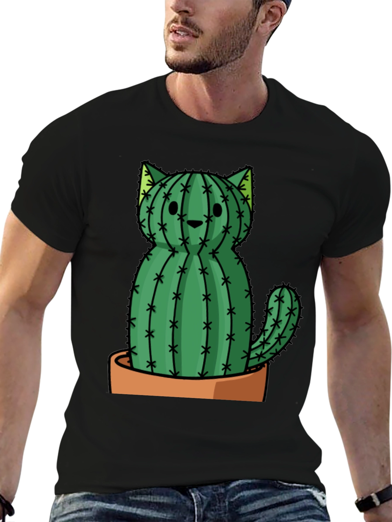 Black Cactus Cat Graphic Tee - Trendy Plant Lover Shirt view 6