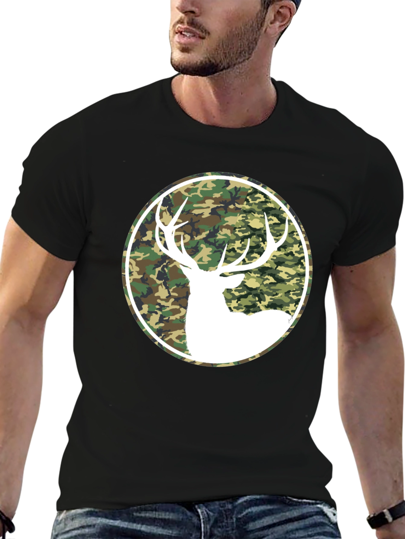 Black Camo Deer Graphic Tee - Black Cotton T-Shirt view 6