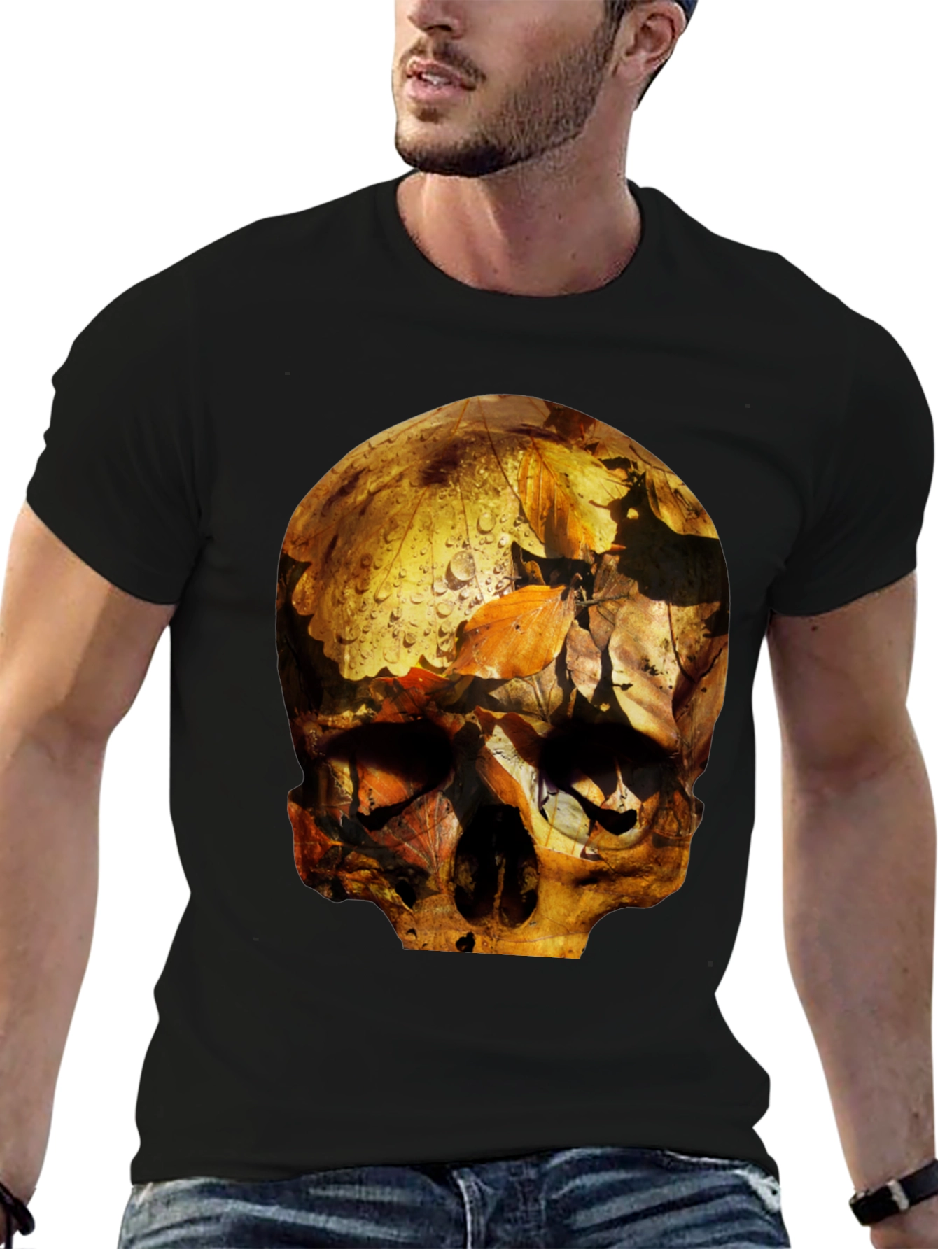 Black Skull Graphic Tee - Fallen Leaves Design view 6
