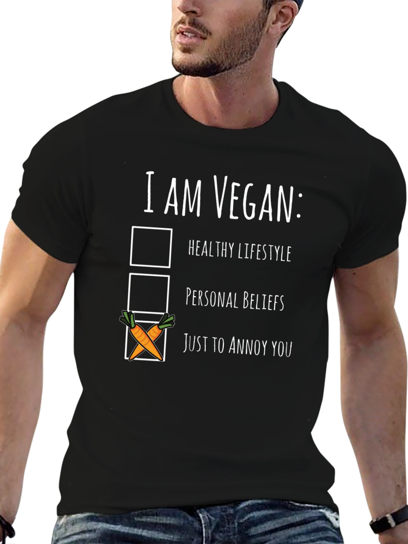 Black Vegan Humor T-Shirt: Just To Annoy You Tee view 6