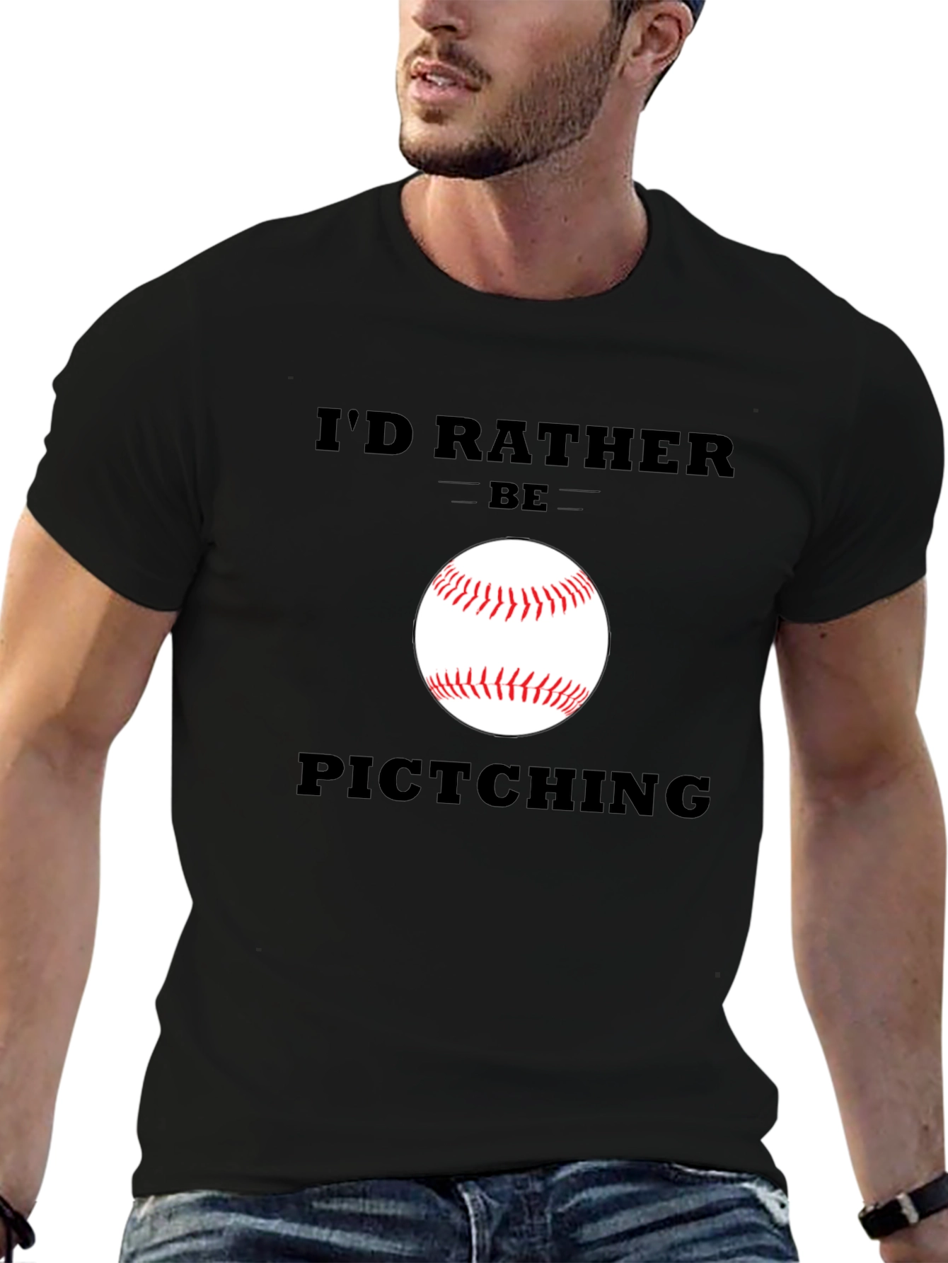 Black Funny Baseball T-Shirt - I'd Rather Be Pitching view 6