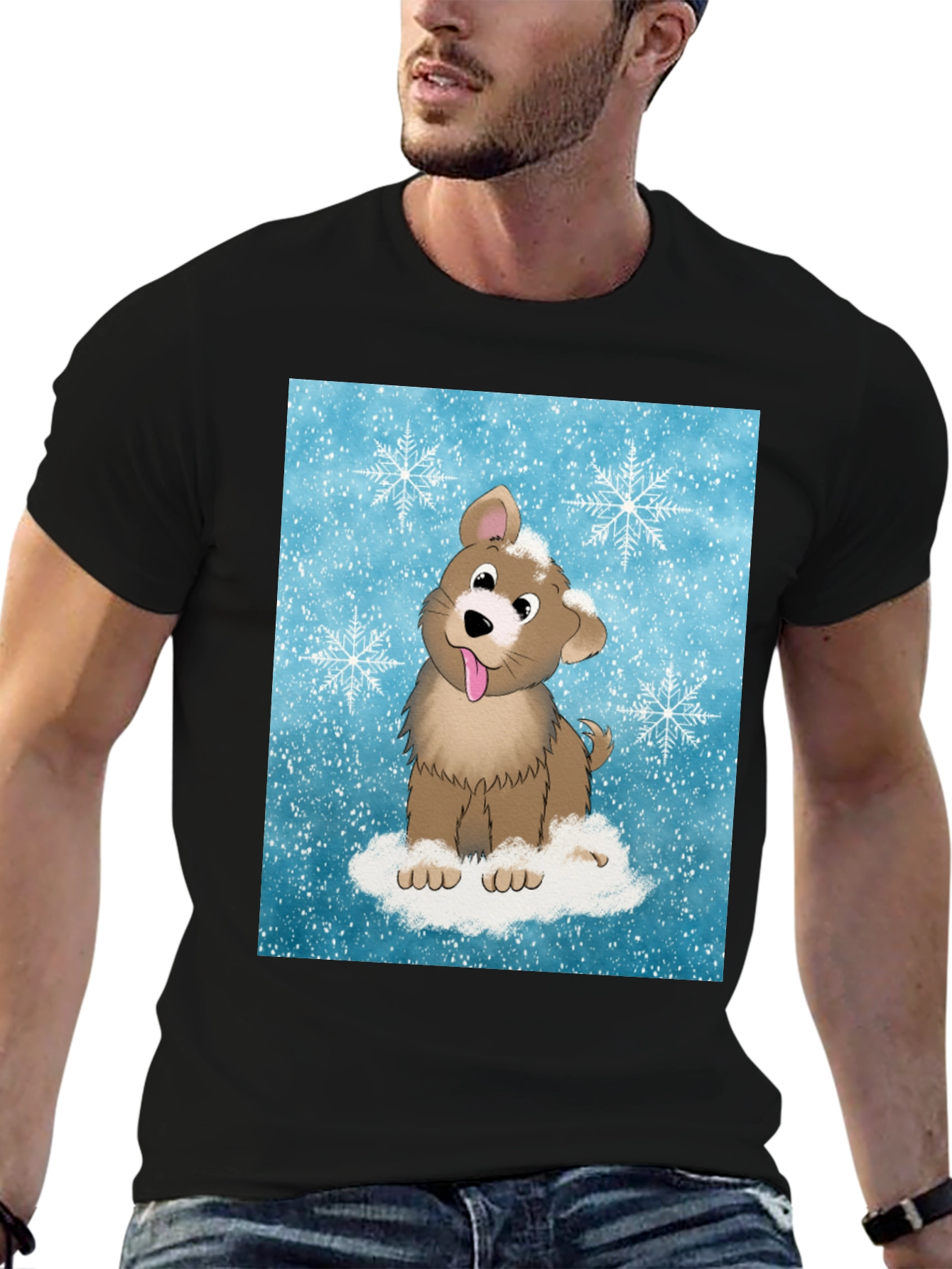 Black Cute Puppy Snowflake T-Shirt view 6
