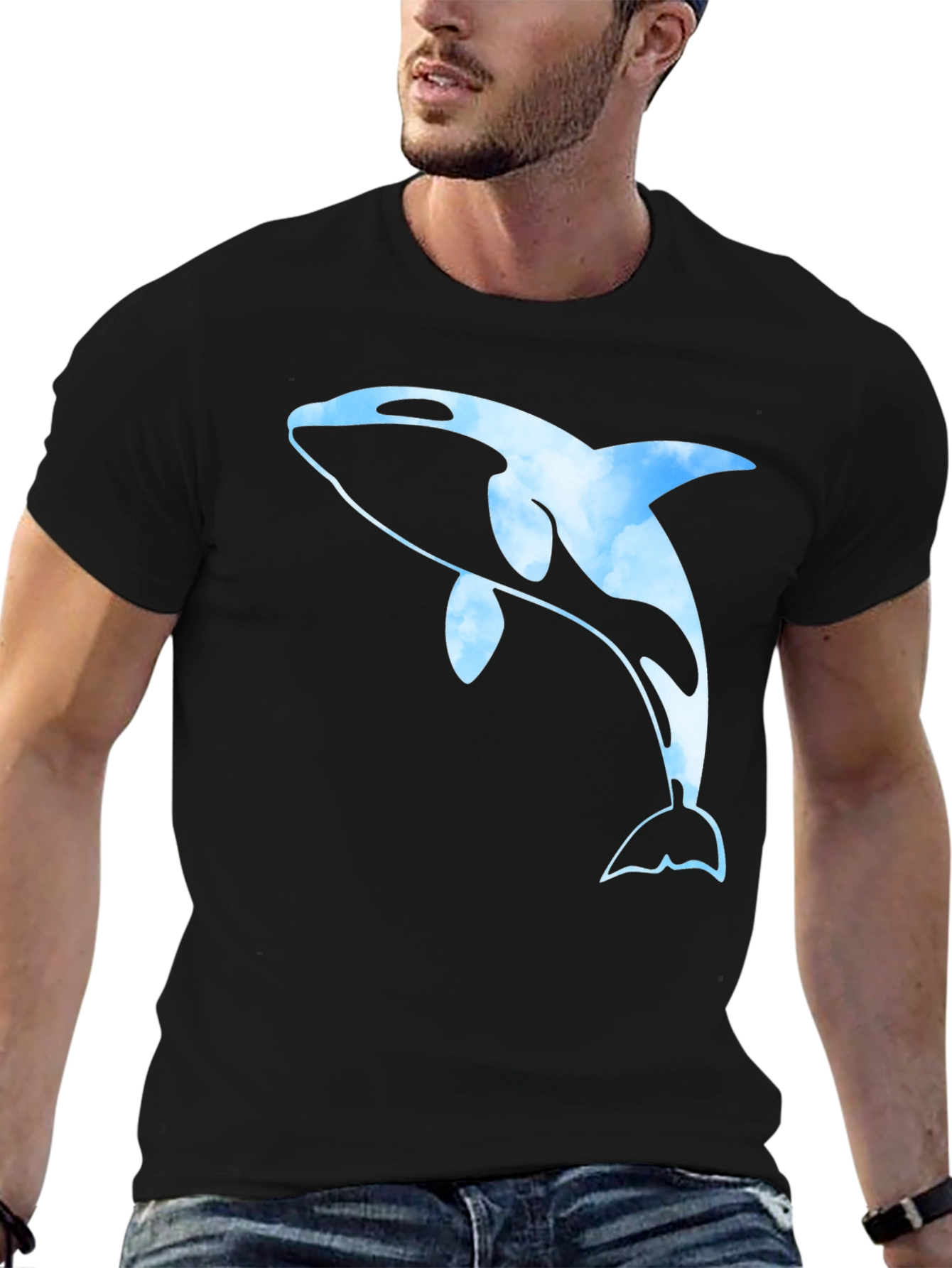 Black Orca Whale Cloud Print Men's Black T-Shirt view 6