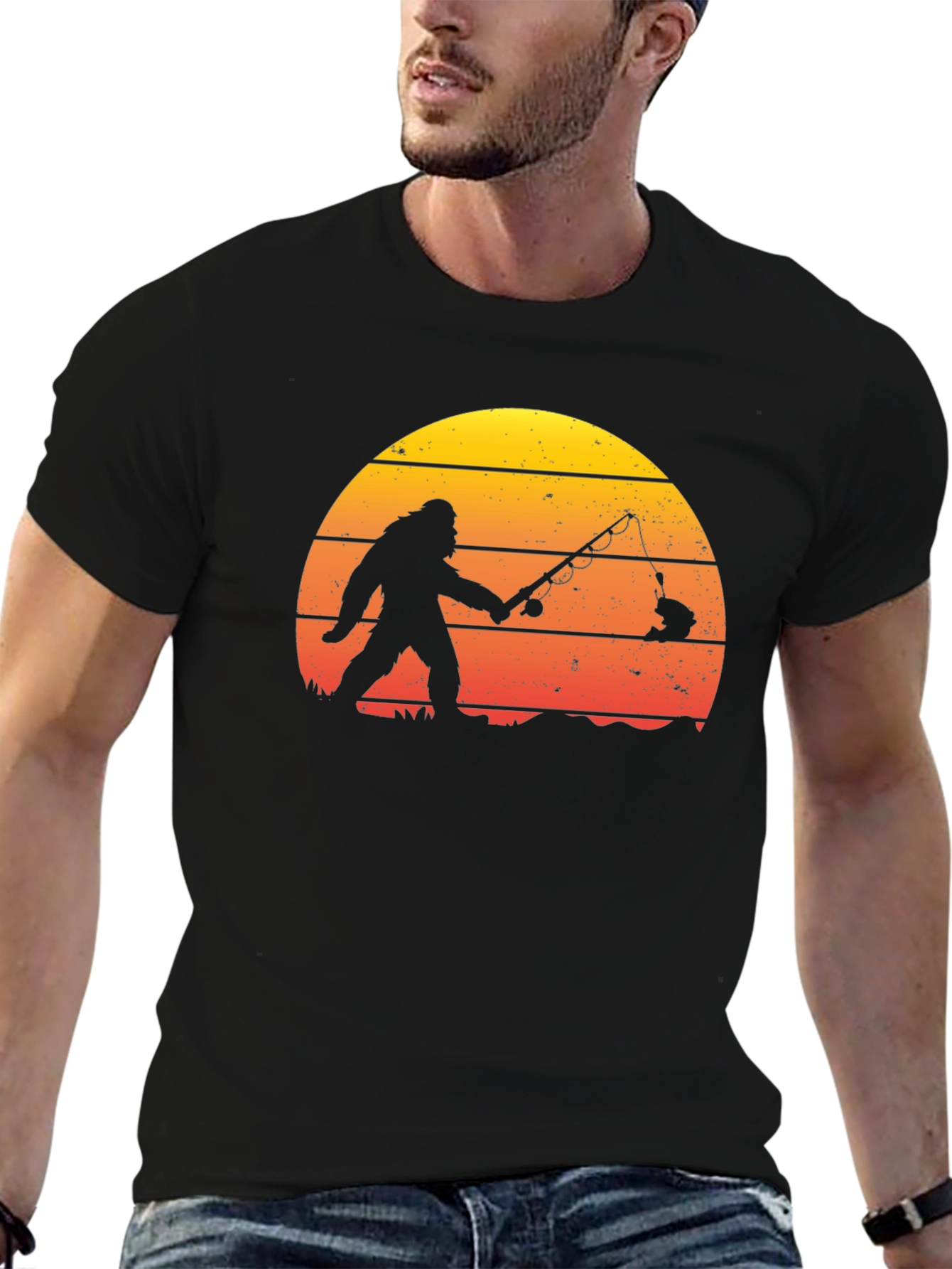 Black Bigfoot Fishing Sunset Graphic T-Shirt view 6