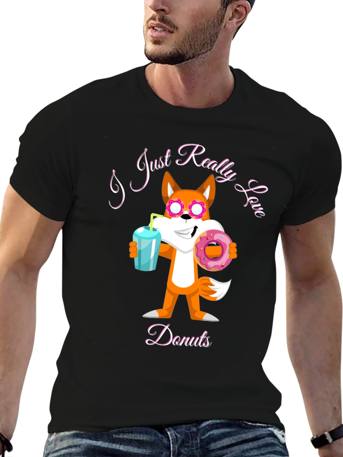 Black Funny Fox Loves Donuts Graphic T-Shirt view 6
