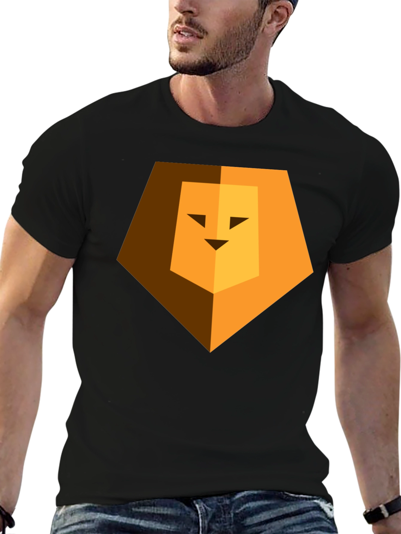 Black Geometric Lion Head Graphic Print Black Tee view 6