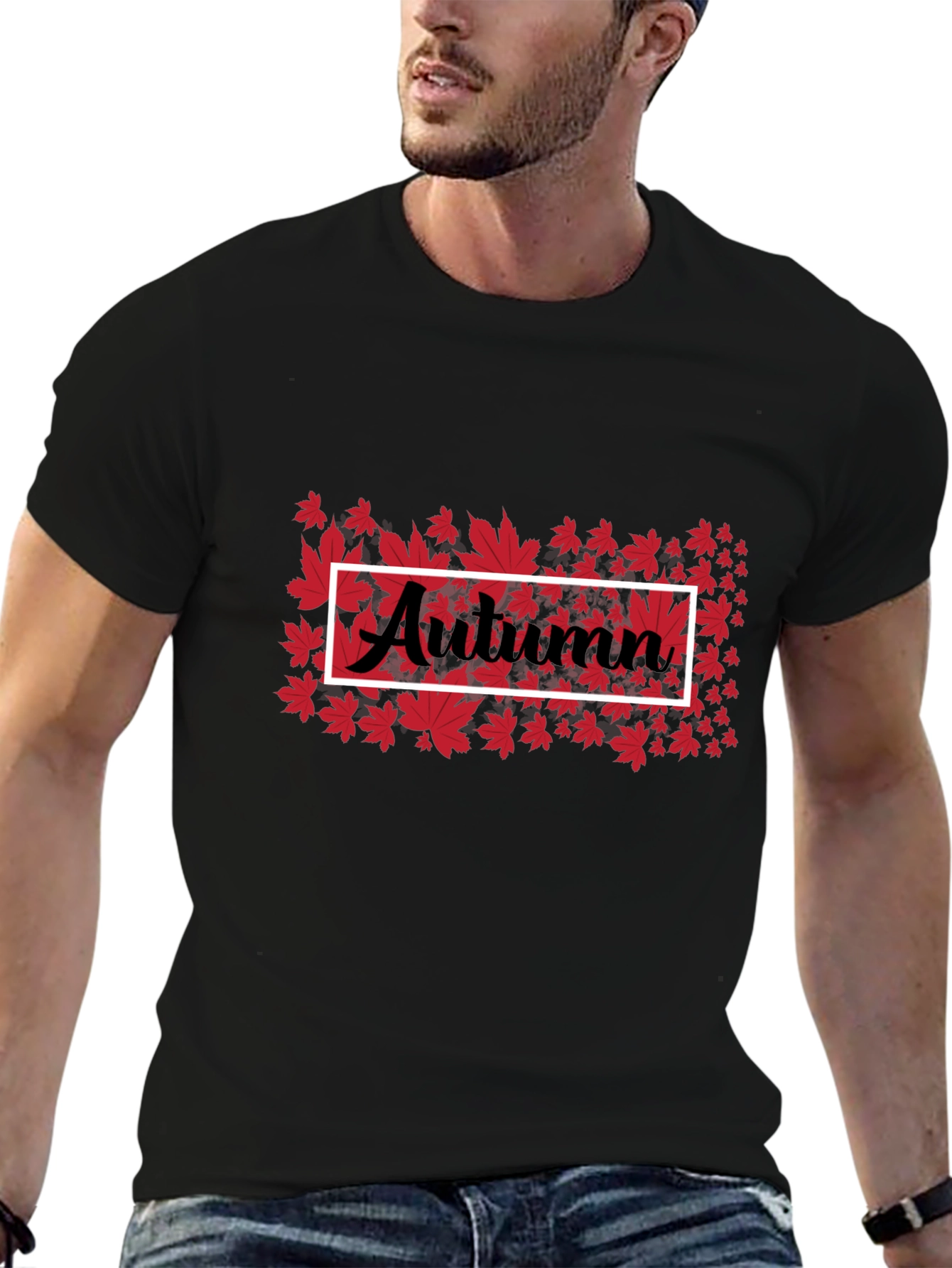 Autumn Leaves Graphic Tee - Black Cotton Casual Shirt - 6