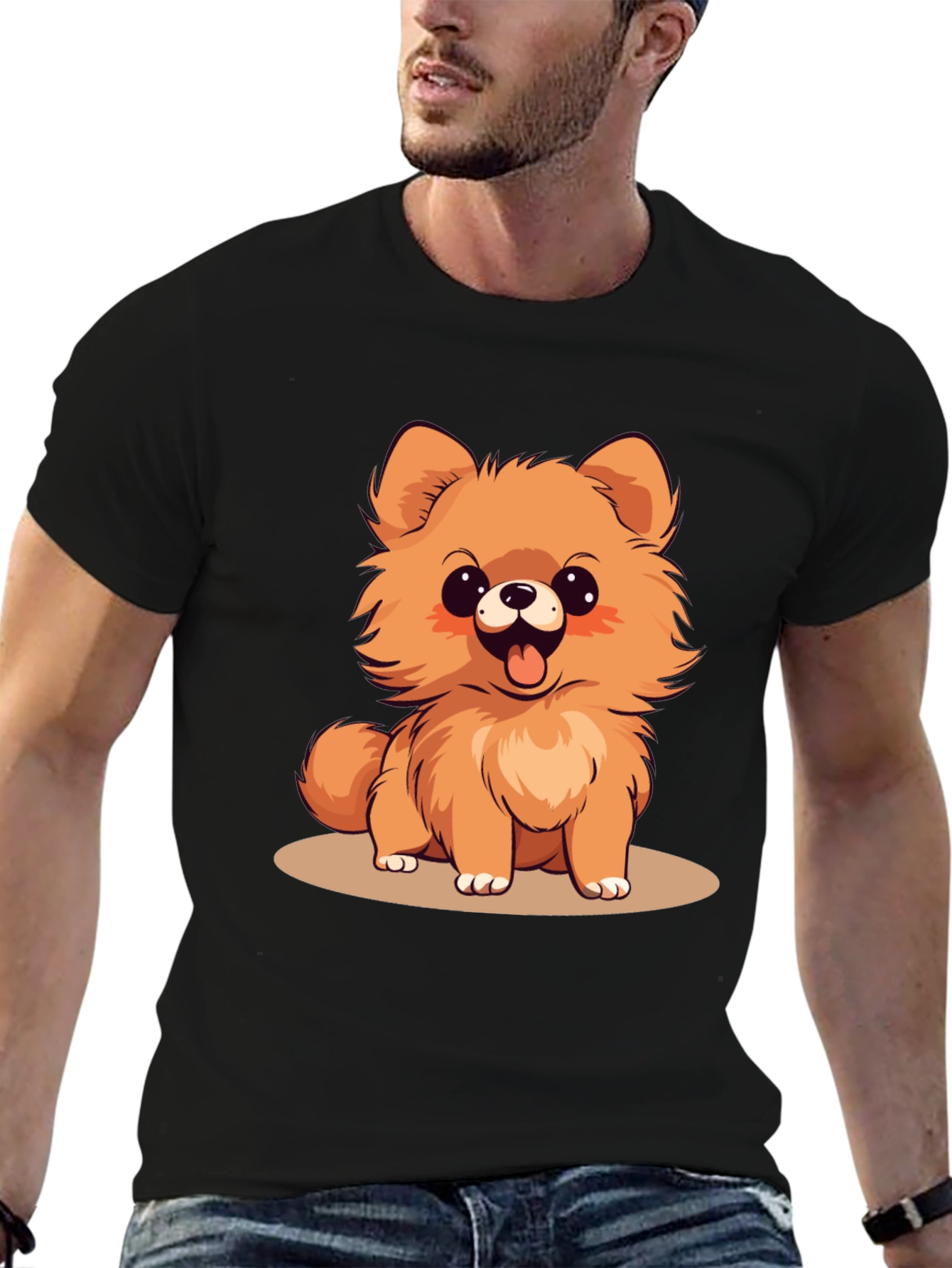 Black Cute Pomeranian Dog Cartoon Graphic T-Shirt view 6