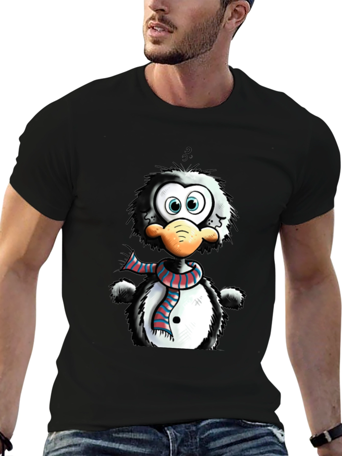 Black Cartoon Penguin Graphic Tee - Quirky Style view 6