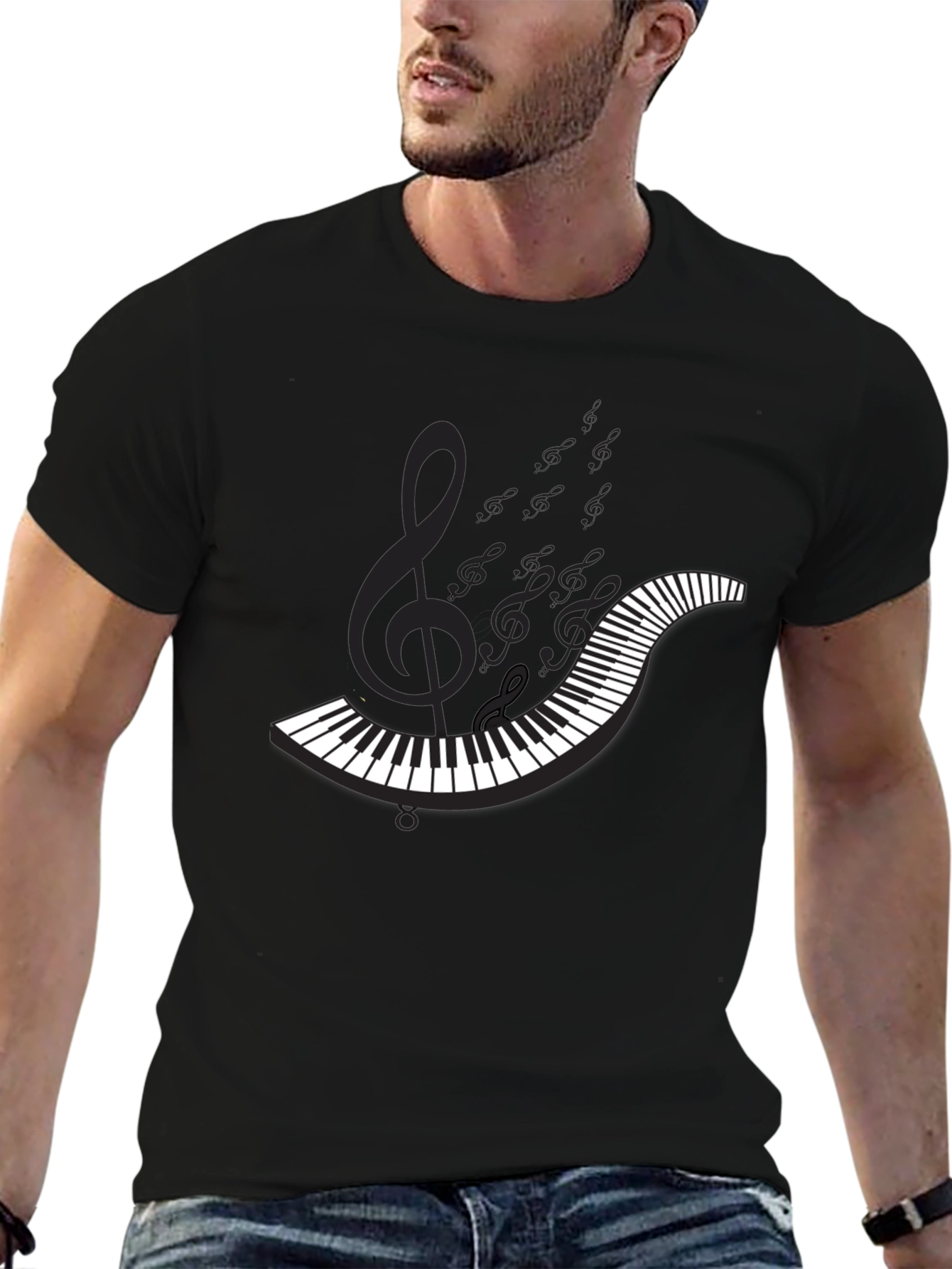 Black Piano Keys & Notes Black T-Shirt - Music Lover Apparel view 6