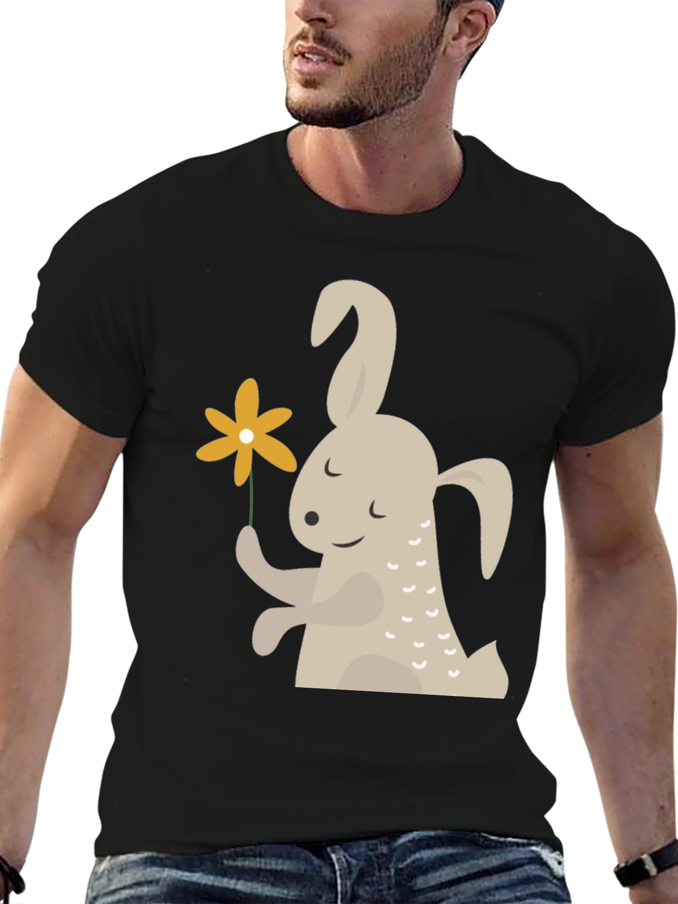 Black Cute Bunny Holding Flower Graphic T-Shirt view 6