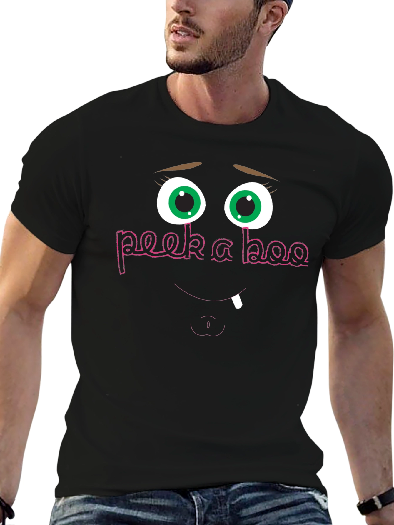Black Peek-a-Boo Funny Face Graphic Tee - Black Cotton Shirt view 6