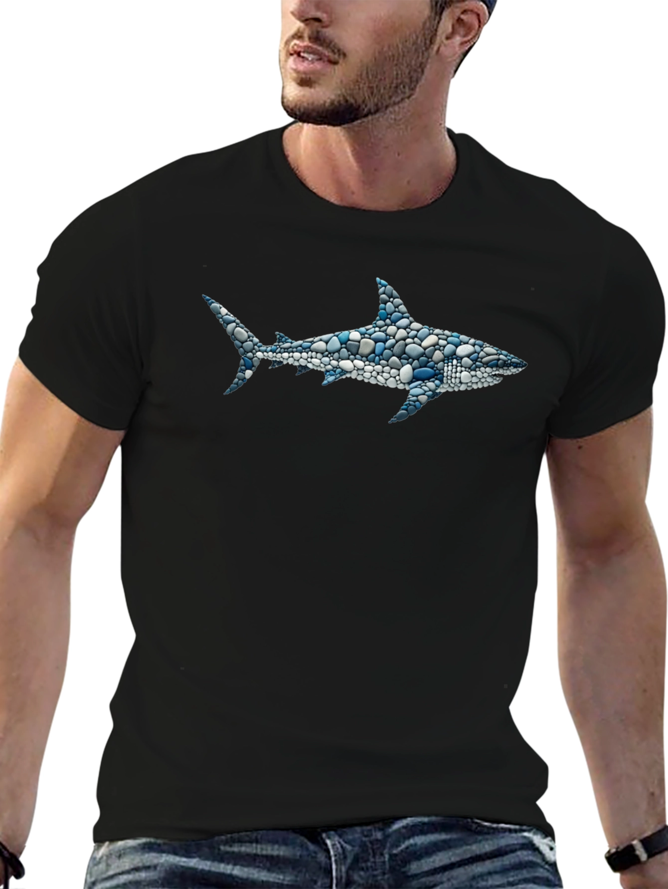 Black Men's Shark Pebble Art T-Shirt - Unique Ocean Design view 6