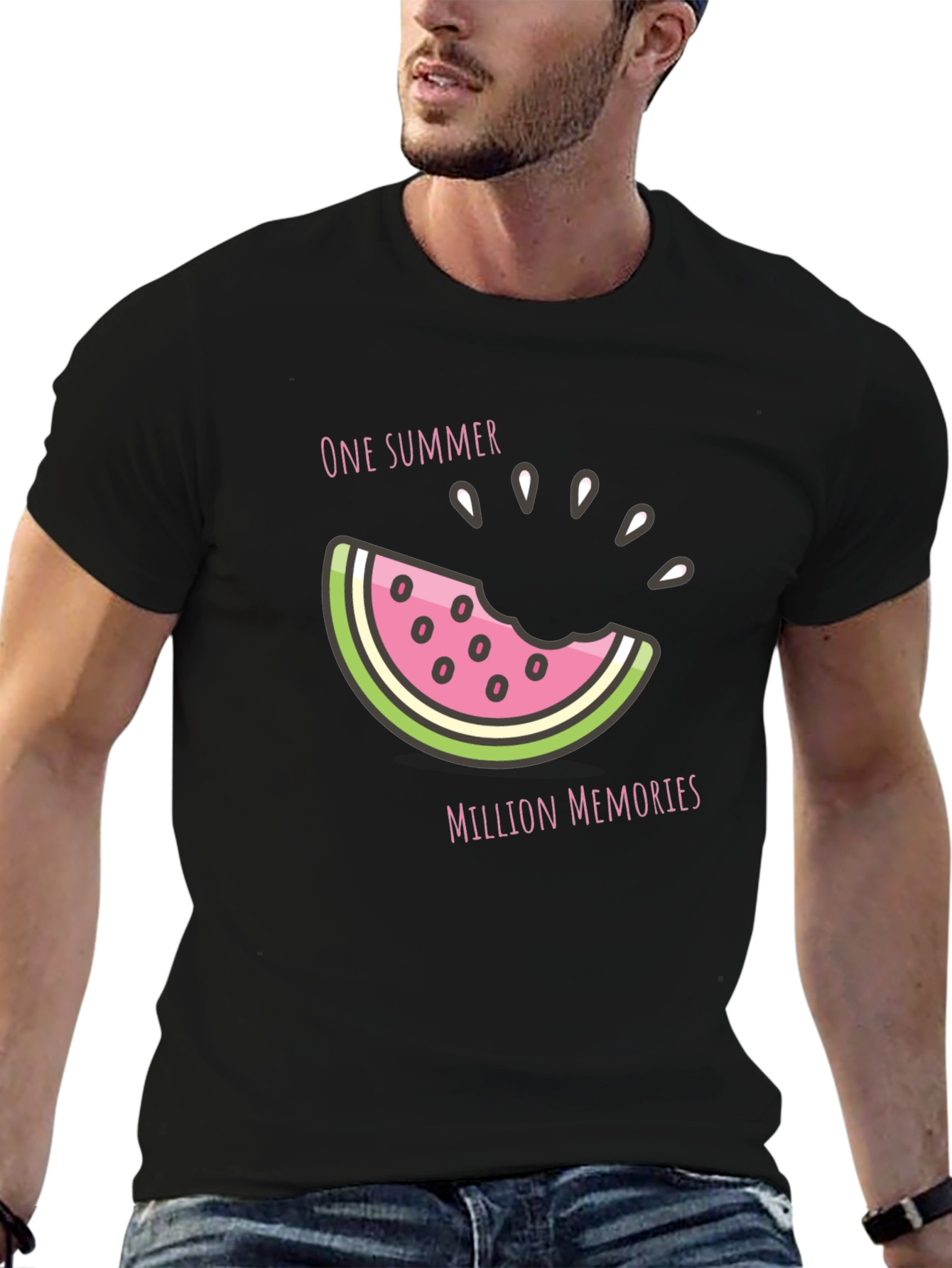 Black Summer Watermelon Graphic Tee - Black Cotton T-Shirt view 6