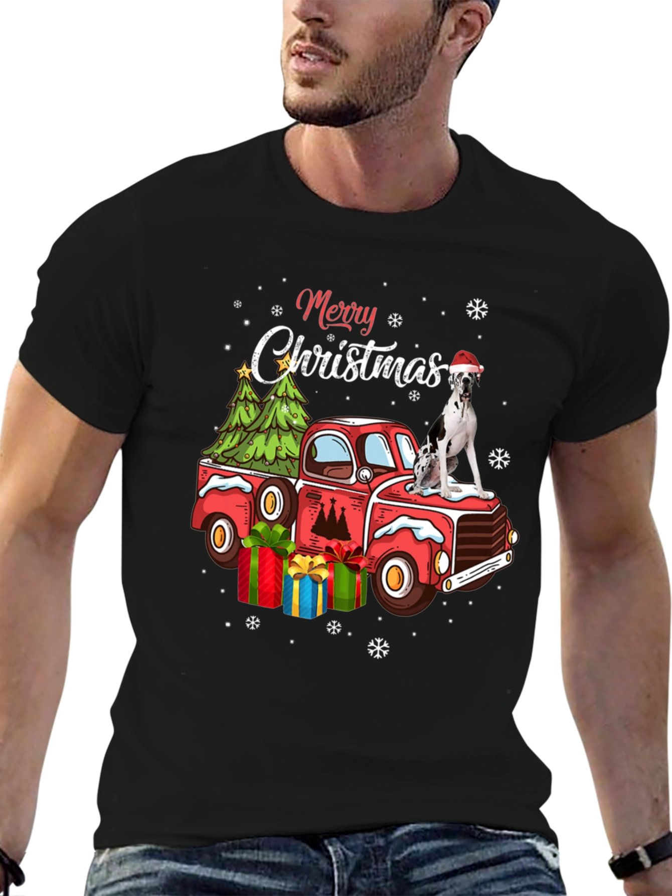 Black Merry Christmas Dog Truck T-Shirt view 6