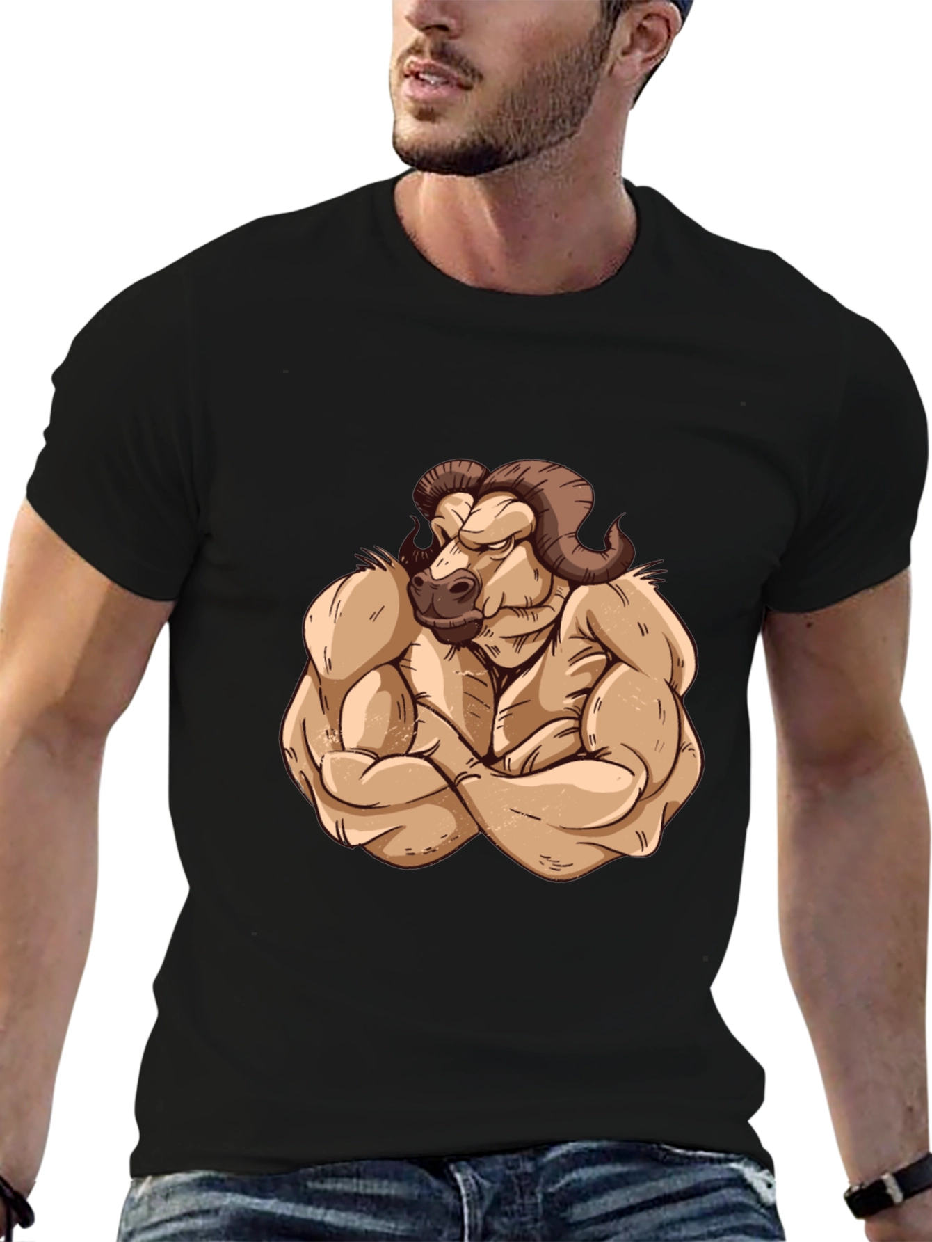 Black Muscled Ram Graphic Tee - Black Cotton T-Shirt view 6