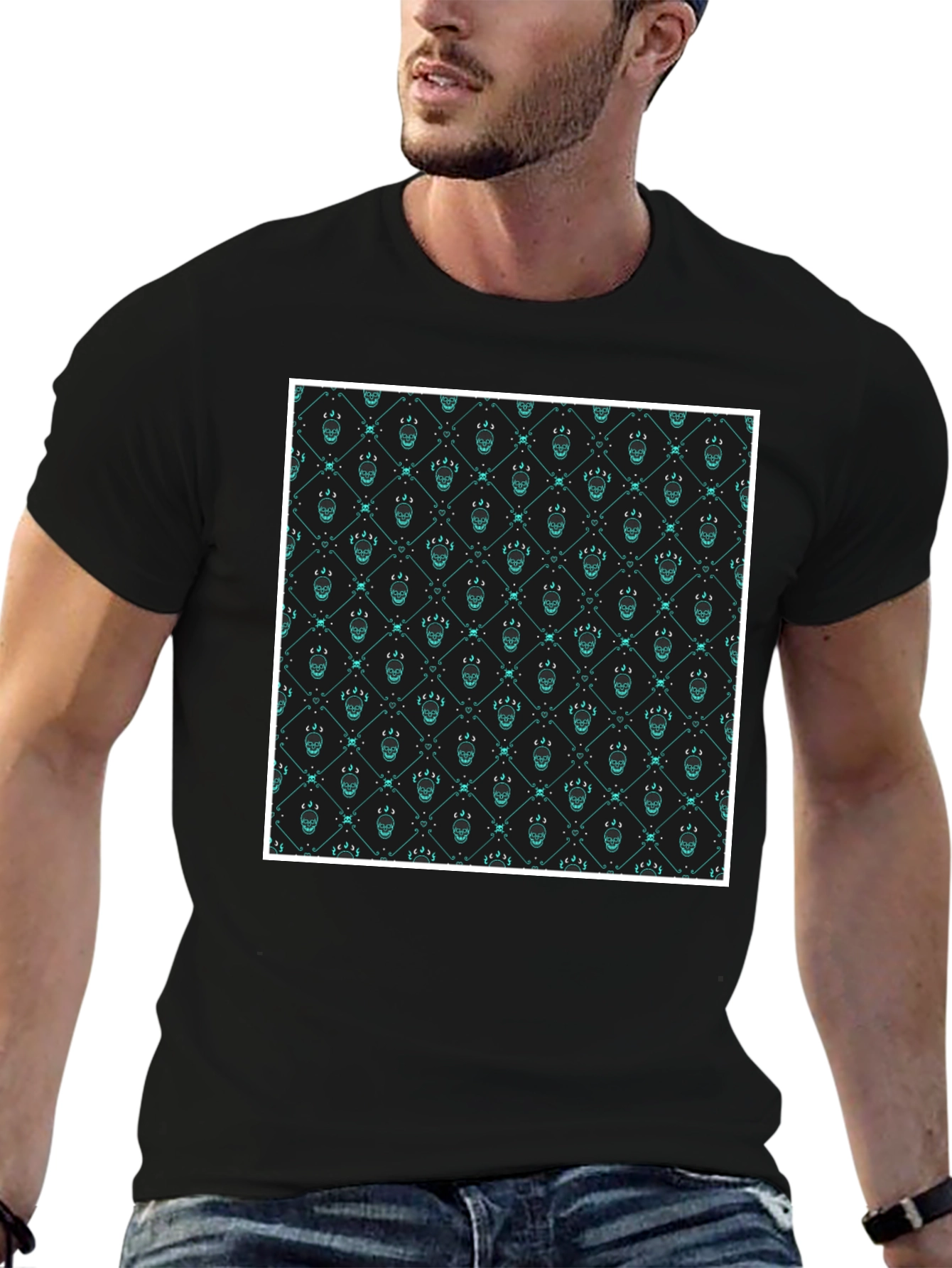 Black Patterned Graphic Print Crew Neck T-Shirt view 6